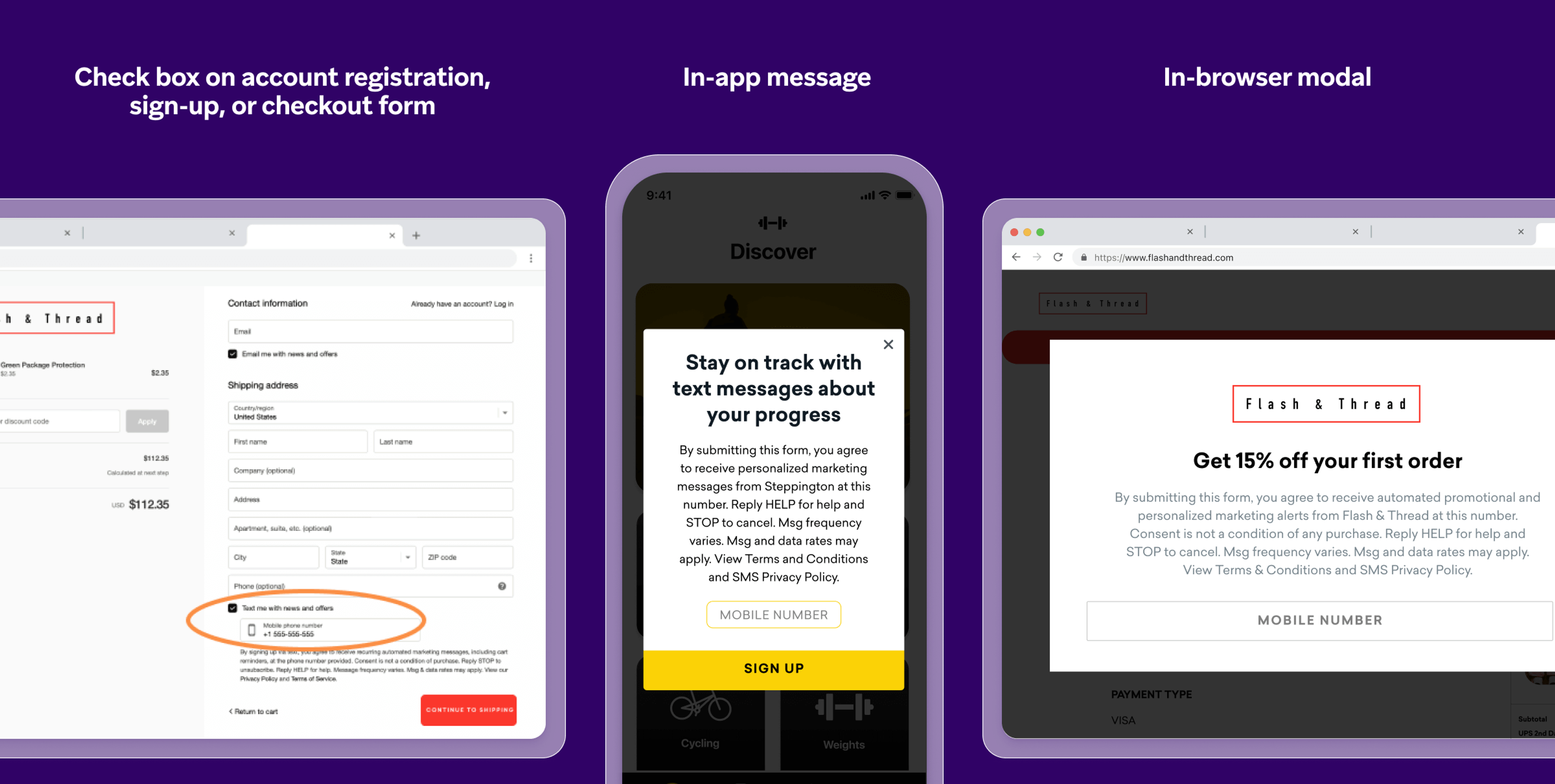 Un formulaire d’inscription, un message in-app et un message in-browser indiquant l’option d’abonnement aux SMS