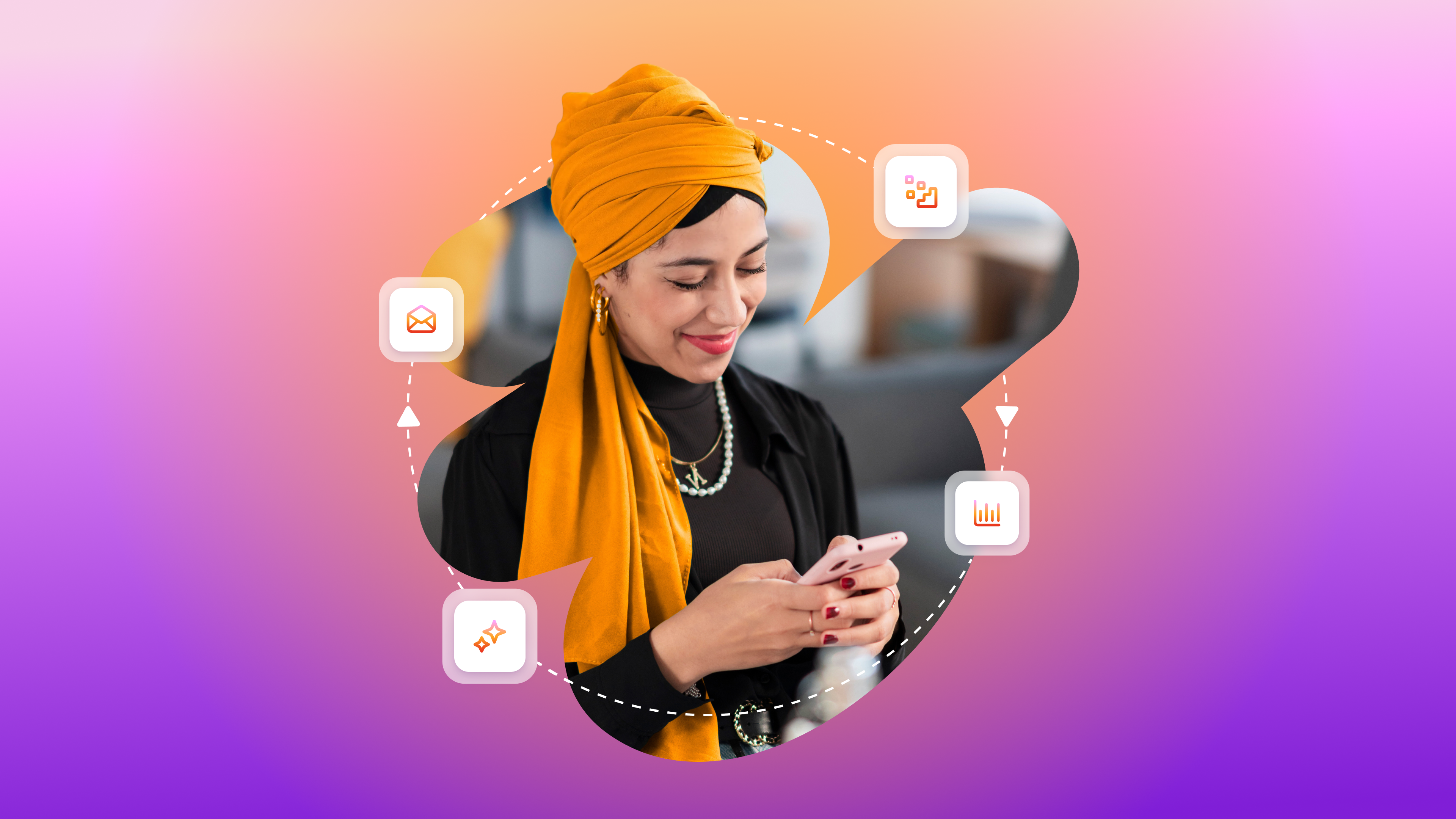 Smiling woman in a yellow headscarf using a smartphone, surrounded by icons representing digital features.