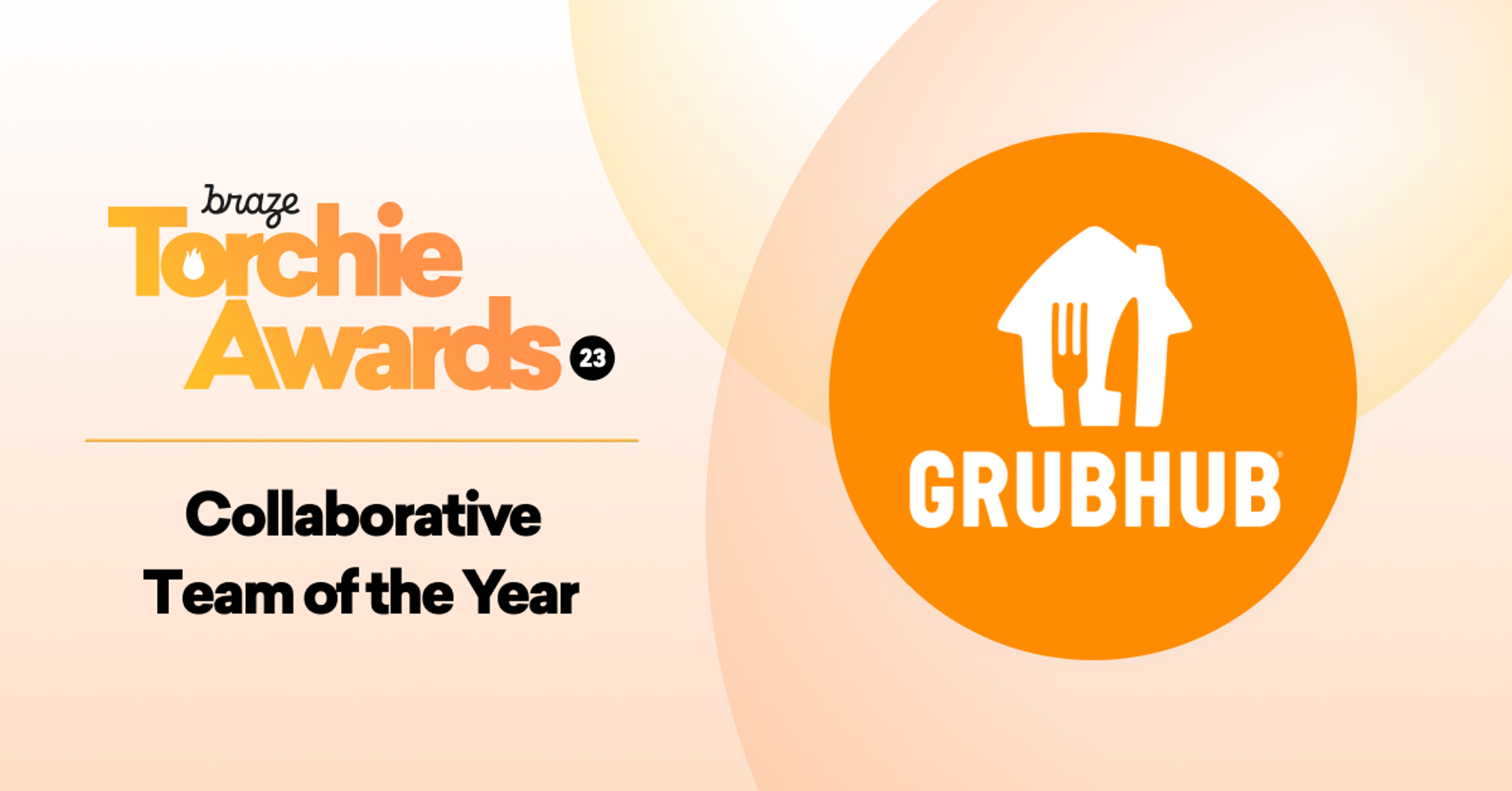 The image features the Braze Torchie Awards logo and text announcing "Collaborative Team of the Year" alongside the Grubhub logo. The background has a soft gradient design.