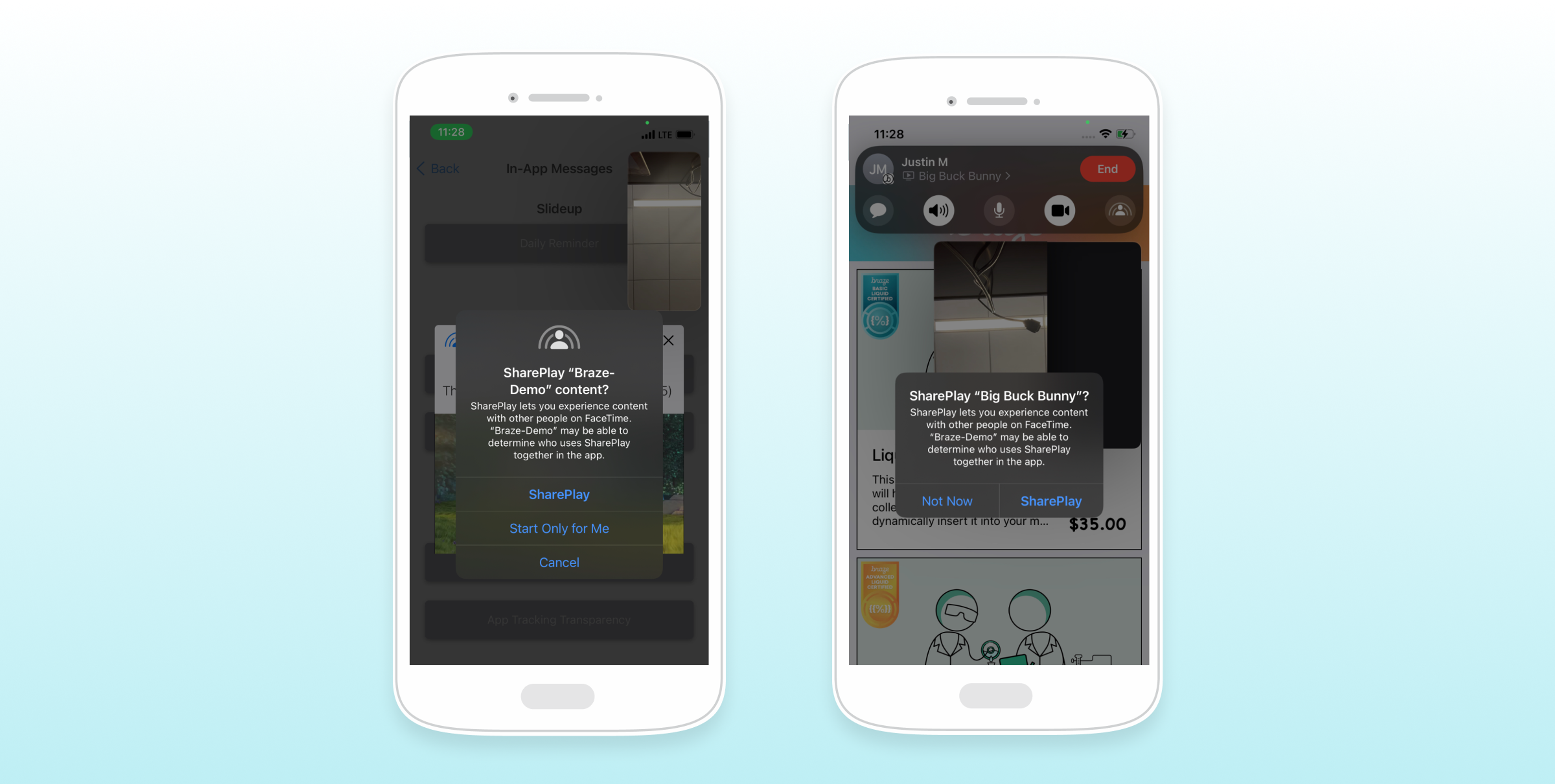Two smartphones displaying SharePlay prompts for sharing content. One screen shows a message asking to start SharePlay, while the other highlights the content being shared.