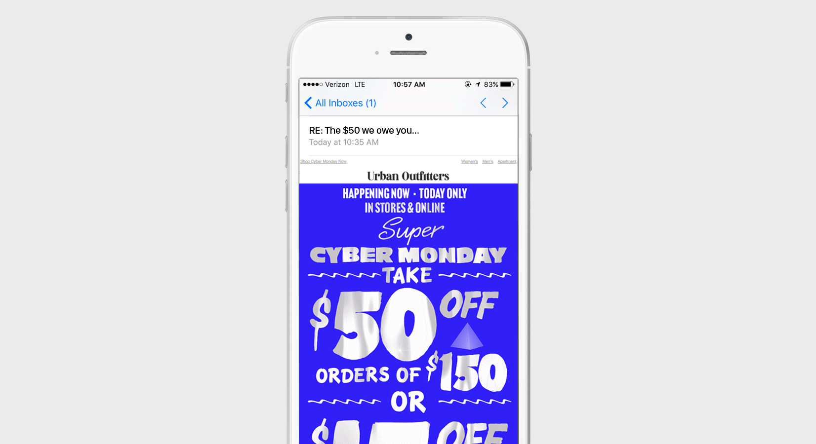 An email on a smartphone screen advertising a Cyber Monday sale with discounts of $50 off orders of $150. The background is bright blue with bold white text.