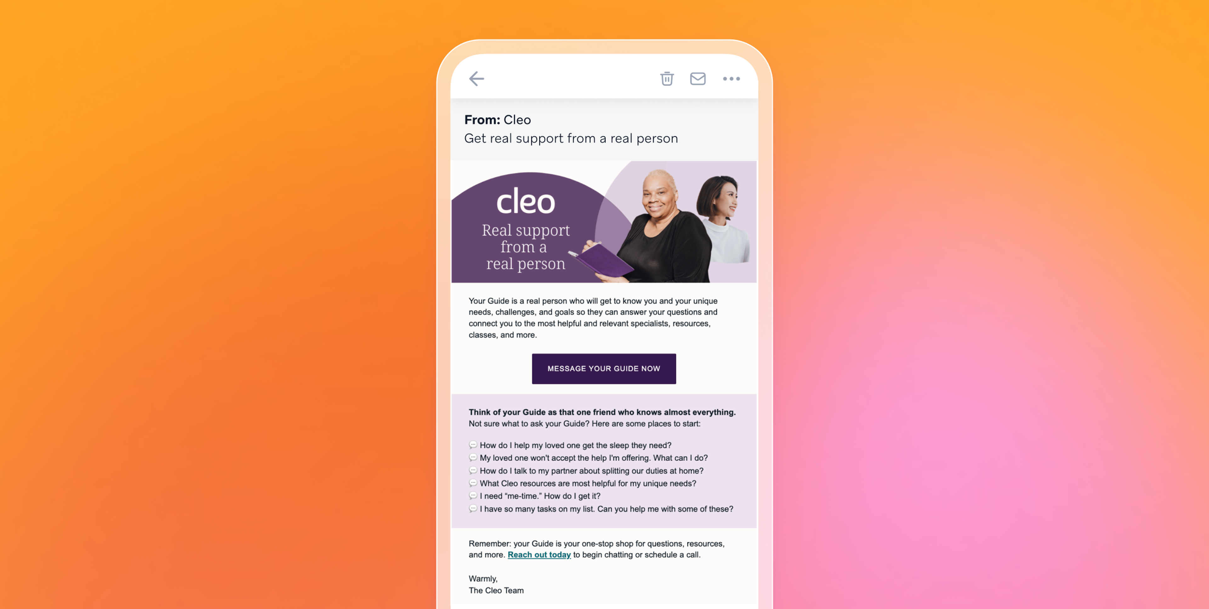 An email from Cleo about how to get support from a real person