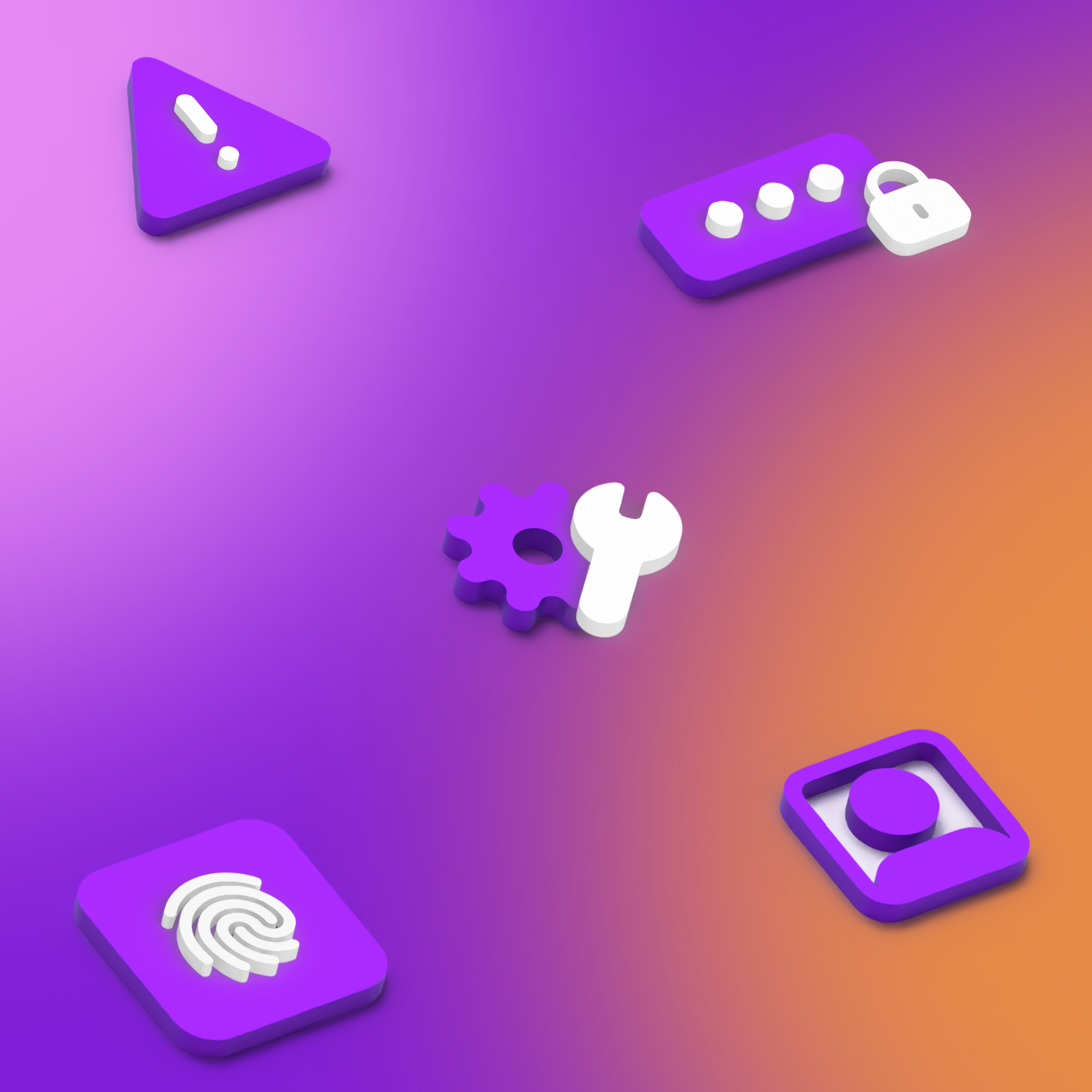 a purple and orange block with items such as a user icon, key, and lock