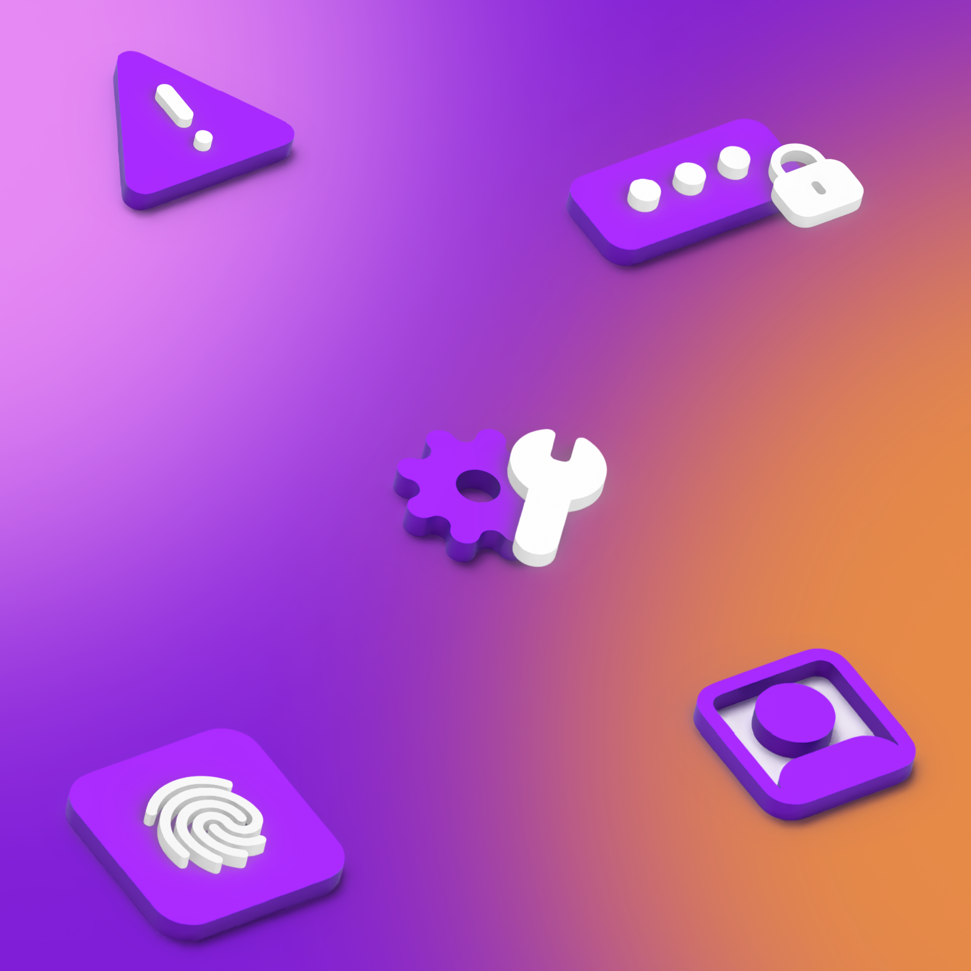 a purple and orange block with items such as a user icon, key, and lock