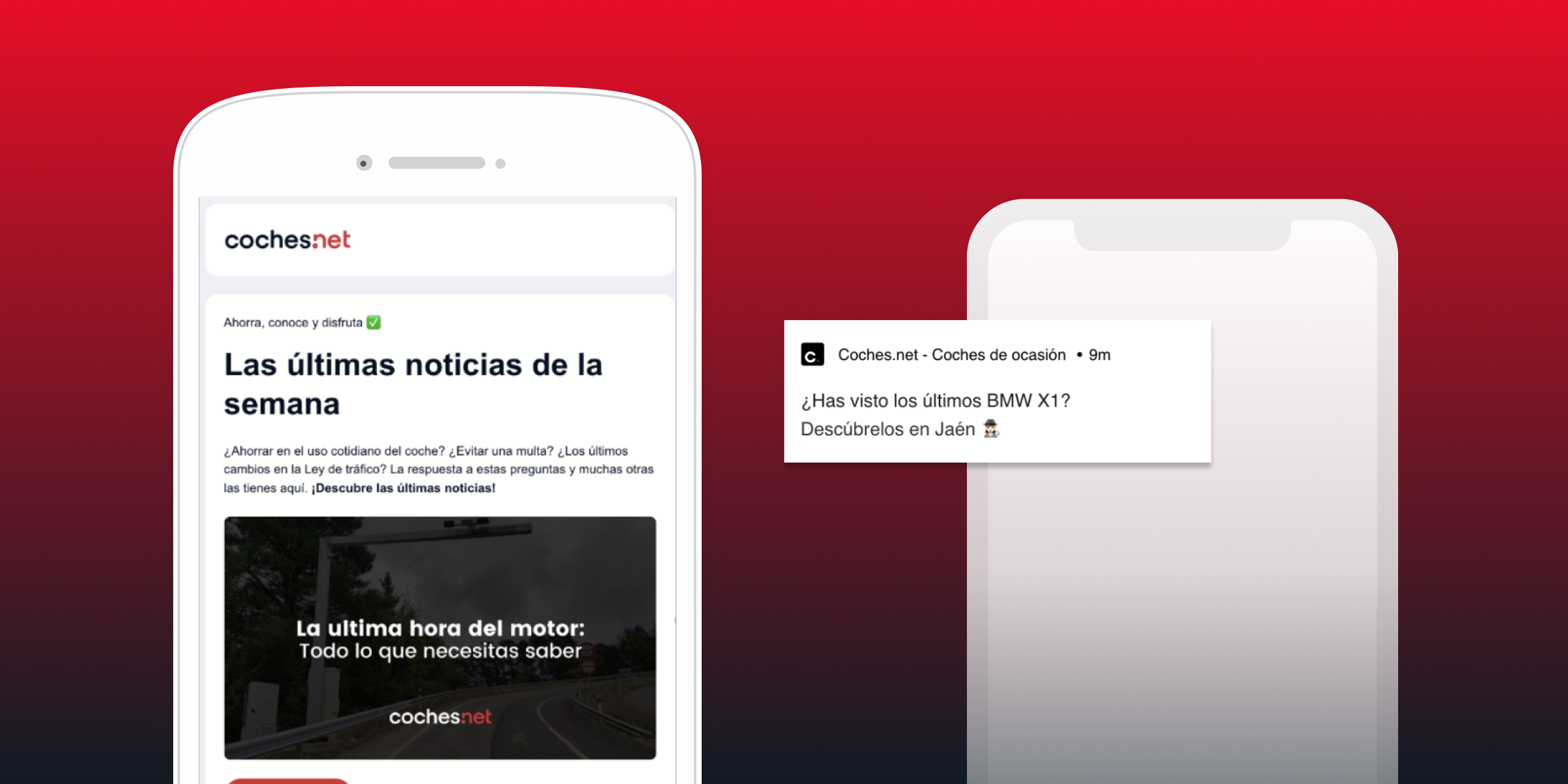 A smartphone displaying a news website with the headline "Las últimas noticias de la semana" and a notification about the latest BMW X1. The background is a gradient from red to dark.