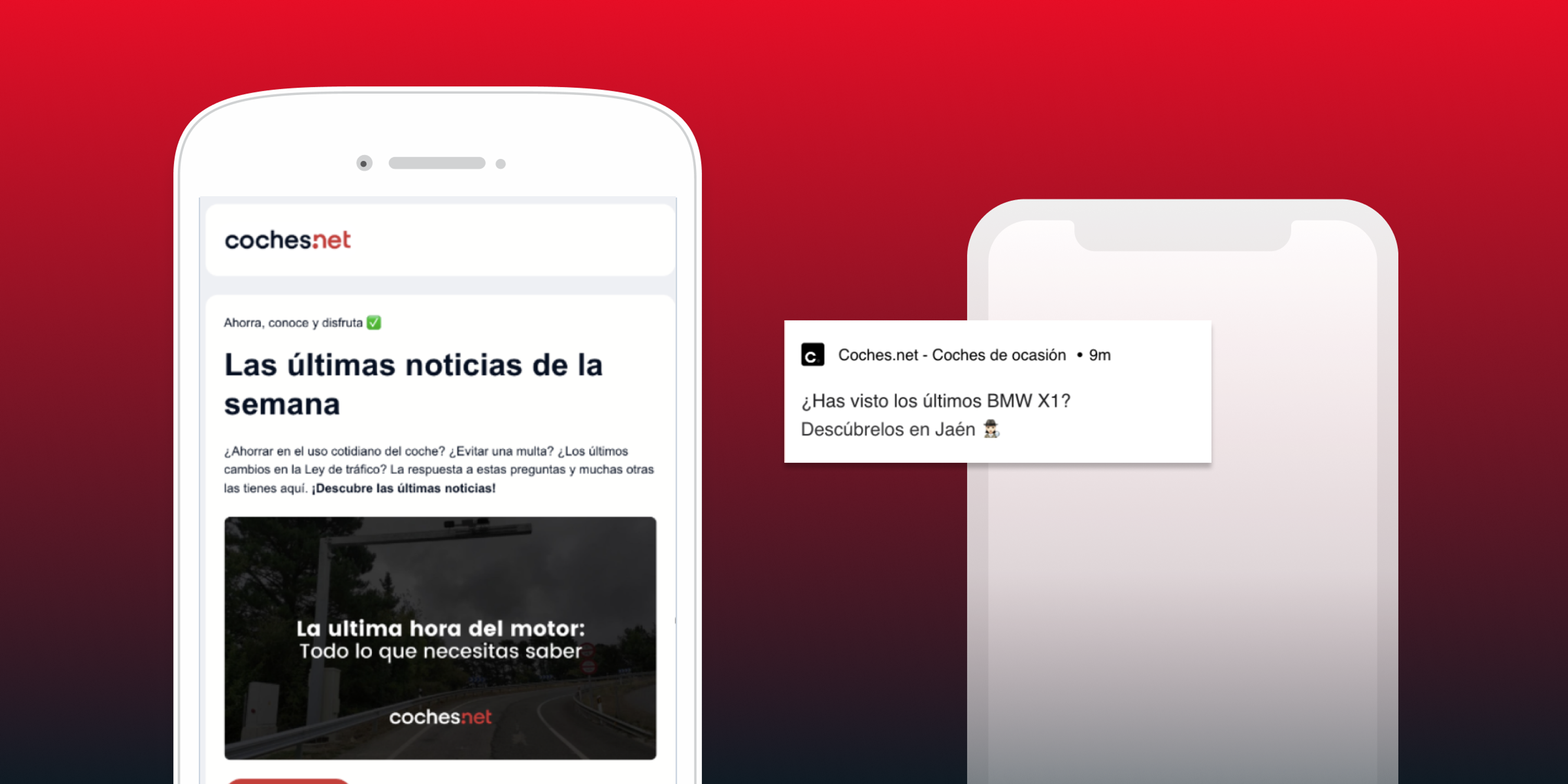 A smartphone displaying a news website with the headline "Las últimas noticias de la semana" and a notification about the latest BMW X1. The background is a gradient from red to dark.