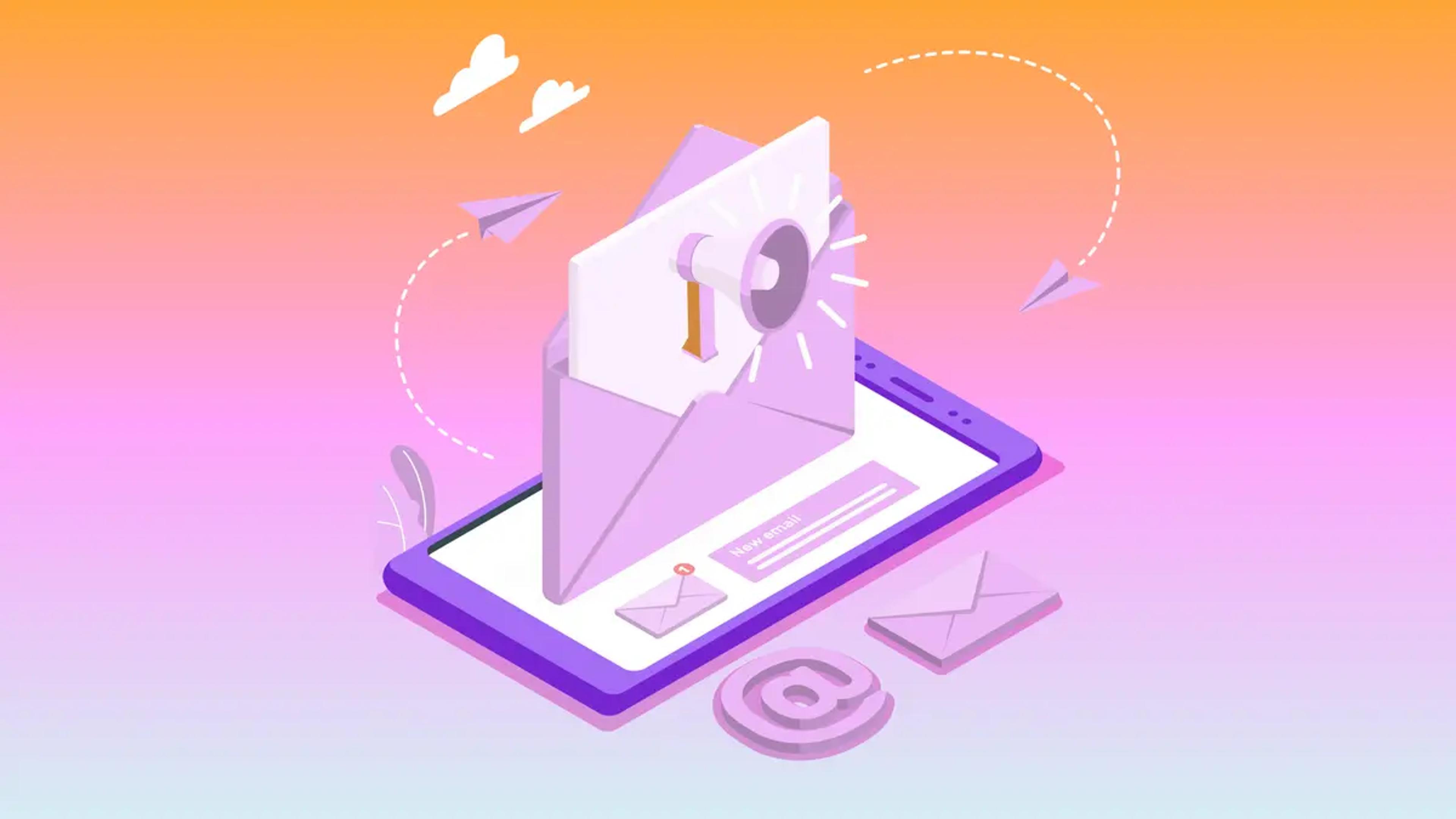 um monitor de computador é cercado por envelopes e ícones em um fundo roxo