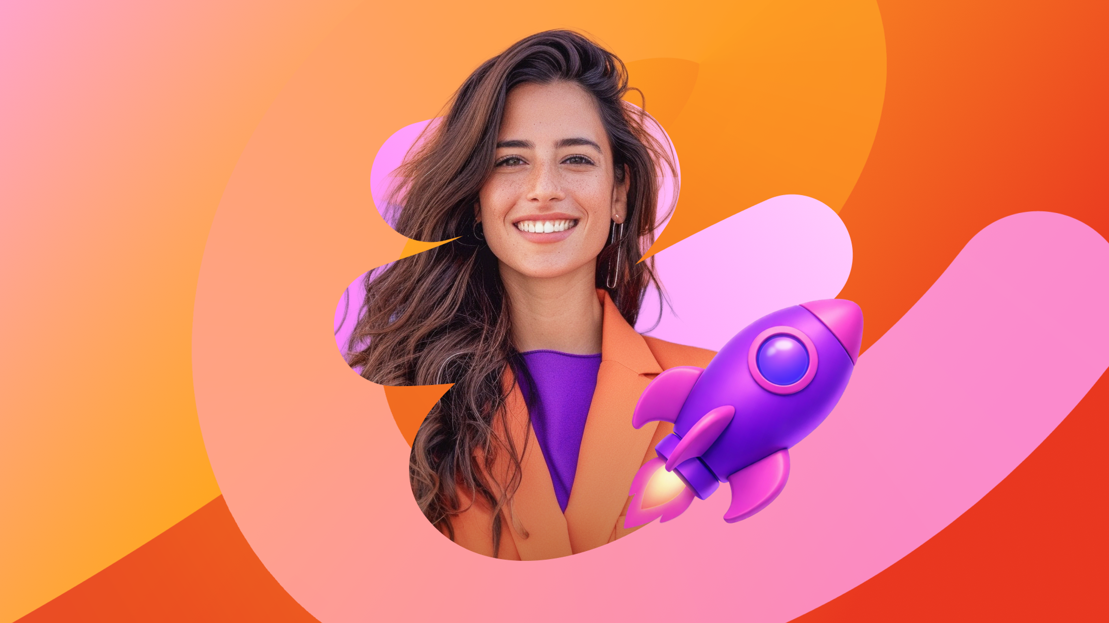 Smiling woman in an orange blazer with a launching purple rocket on a colorful abstract background.