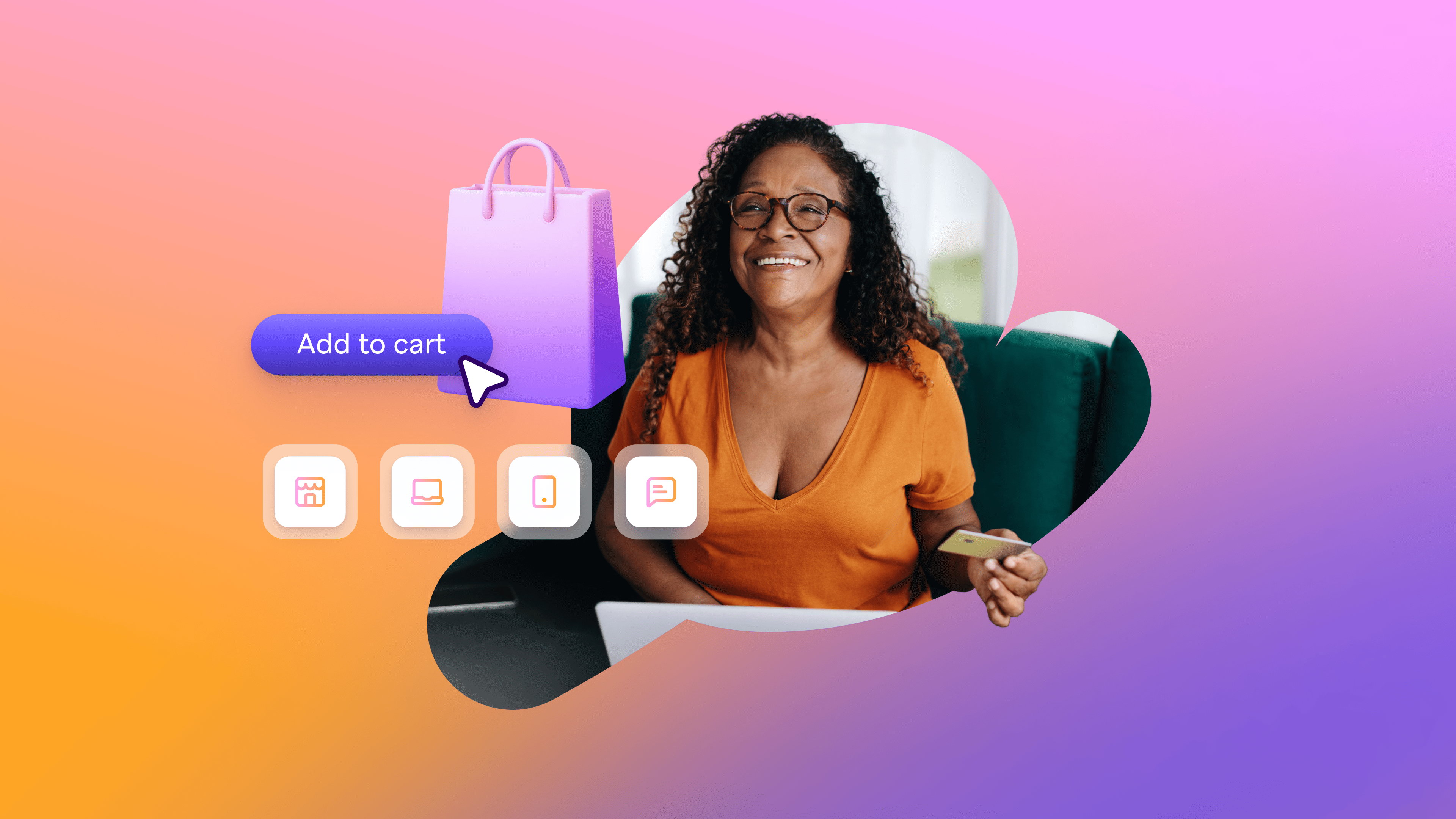 Smiling woman holding a credit card beside an “Add to cart” button and shopping bag graphic on a colorful gradient background.