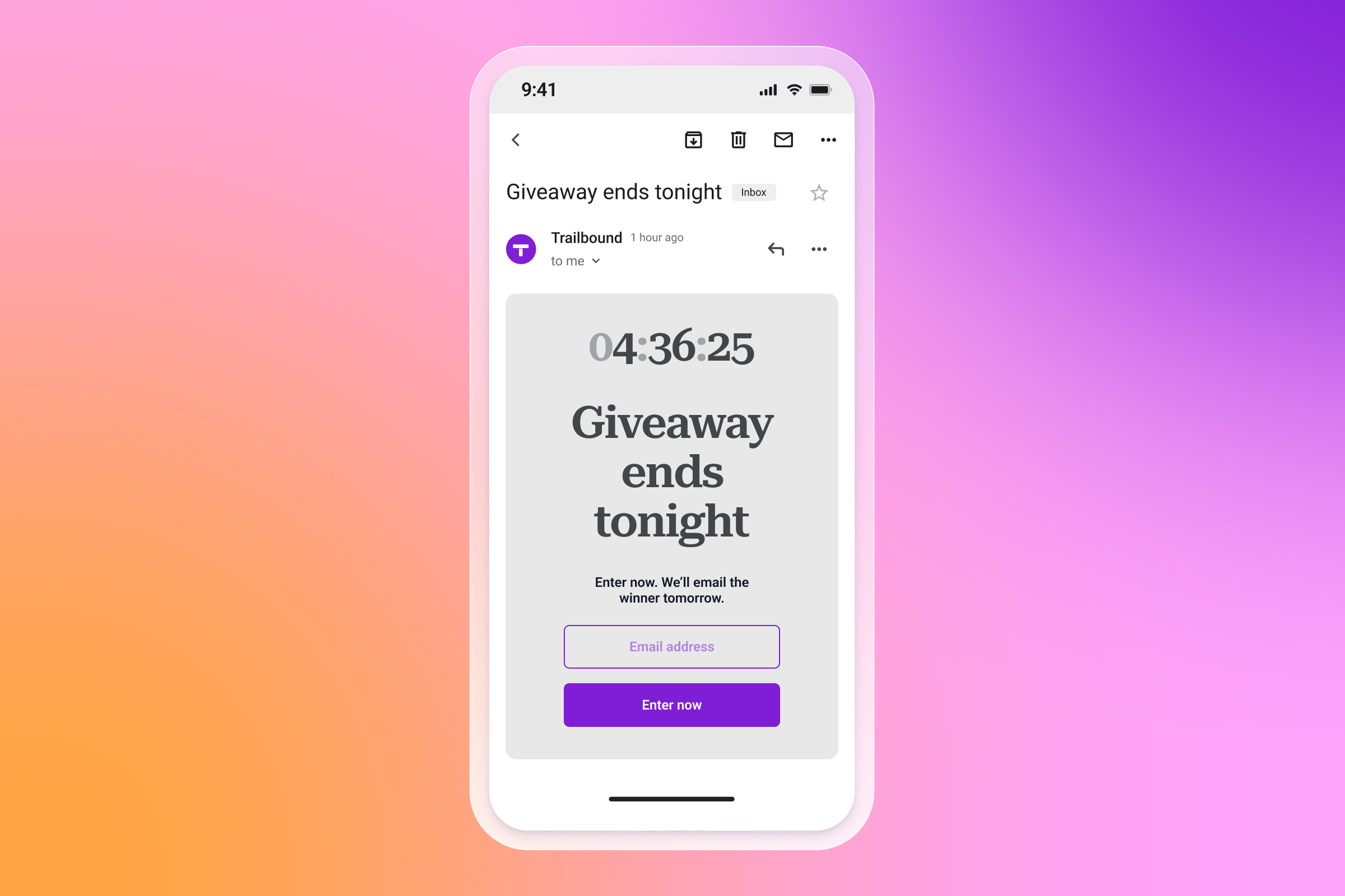 White smartphone displaying a "Giveaway ends tonight" email with a countdown timer, on a vibrant pink and purple gradient background.