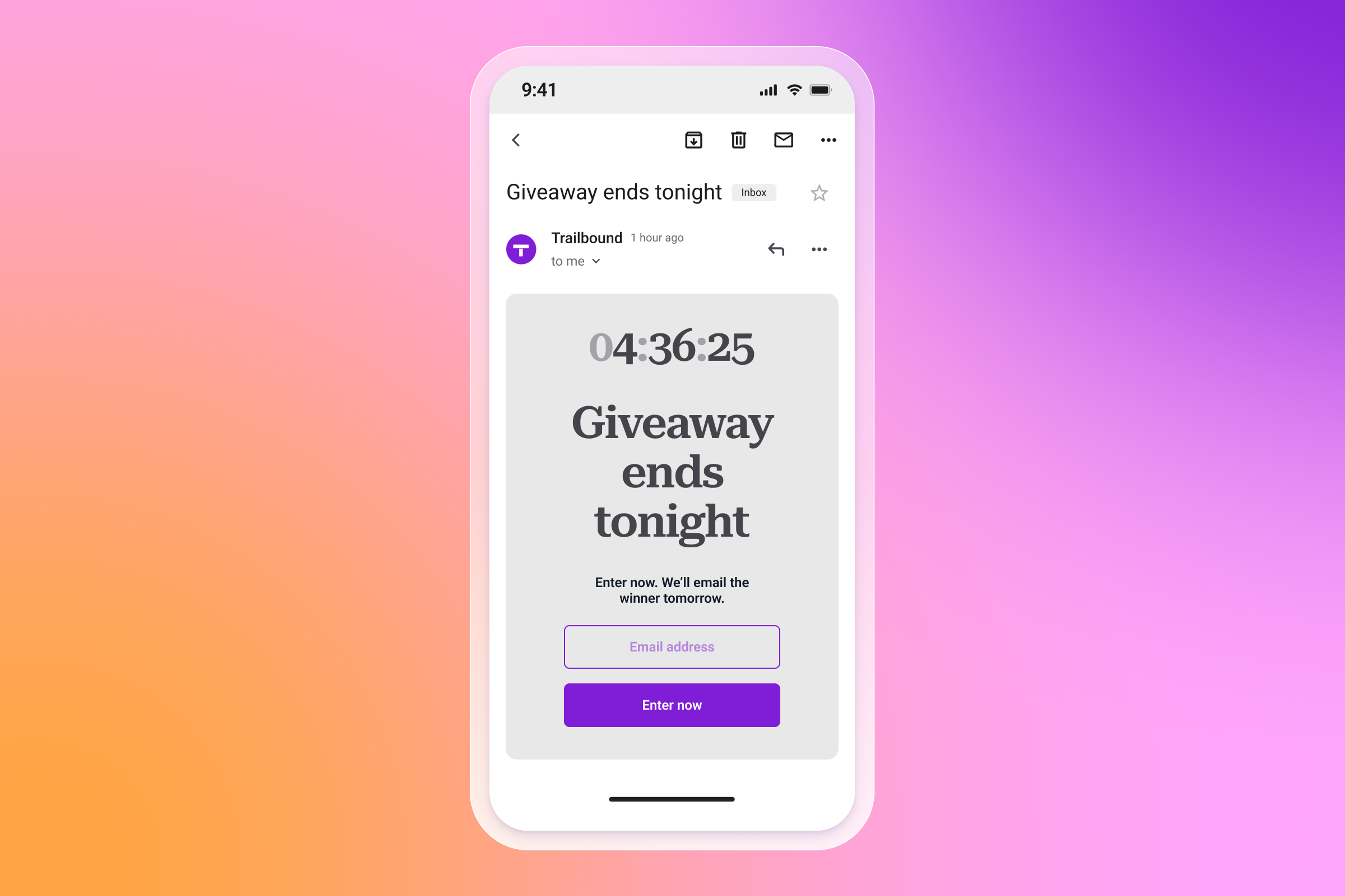 White smartphone displaying a "Giveaway ends tonight" email with a countdown timer, on a vibrant pink and purple gradient background.