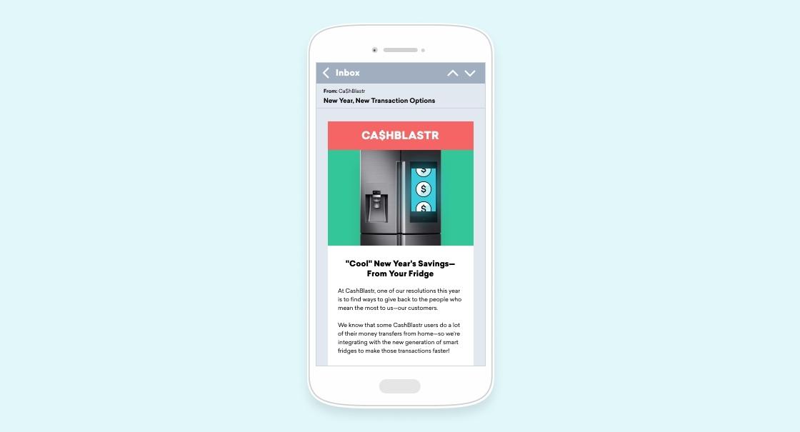 A smartphone screen displaying an email about new transaction options from CashBlast, featuring a refrigerator graphic. The email highlights savings for the New Year.