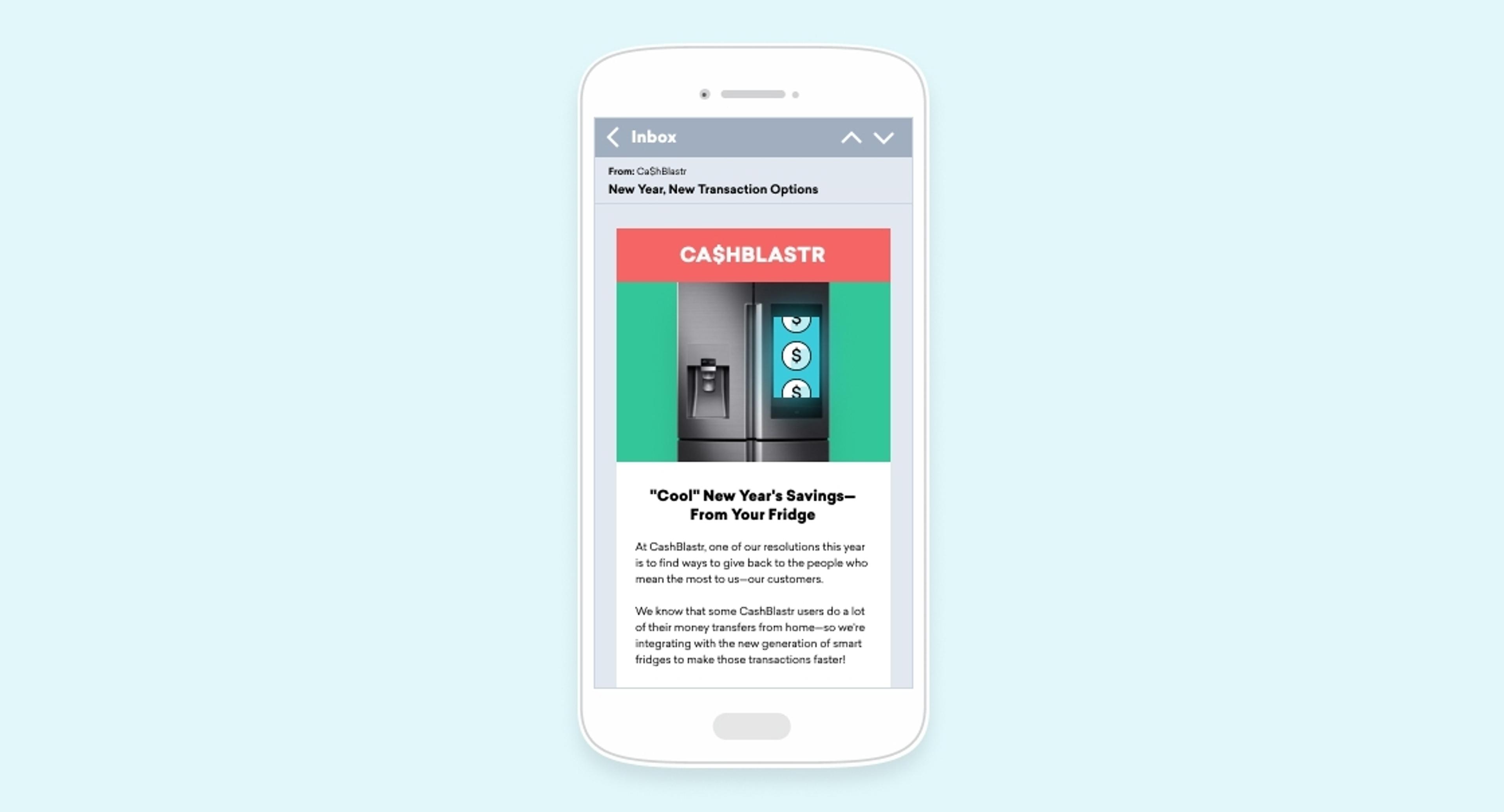 A smartphone screen displaying an email about new transaction options from CashBlast, featuring a refrigerator graphic. The email highlights savings for the New Year.