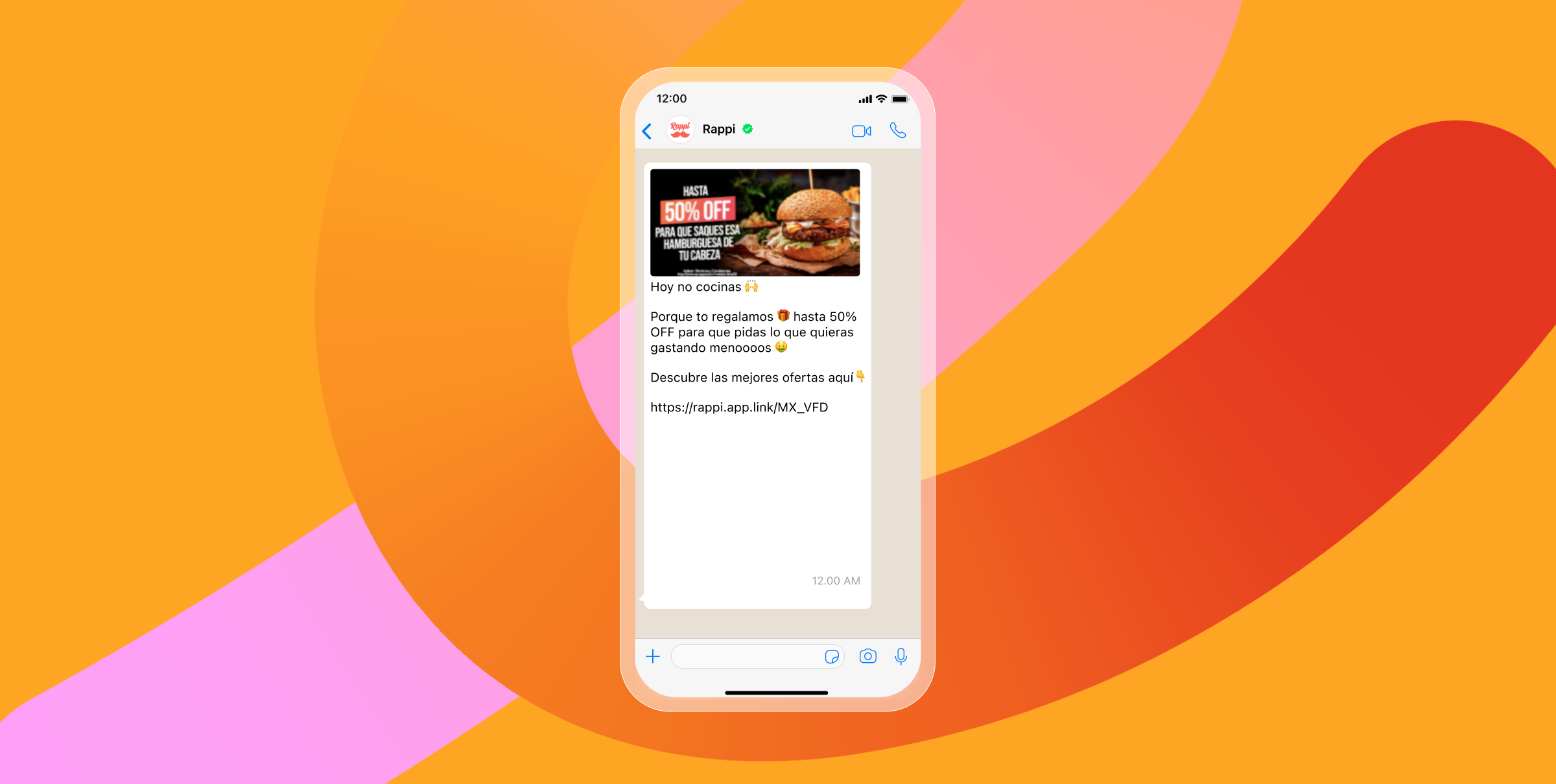 Um smartphone exibe uma mensagem do WhatsApp da Rappi com um hambúrguer com uma promoção de "50% de desconto", sobre um fundo abstrato e colorido.