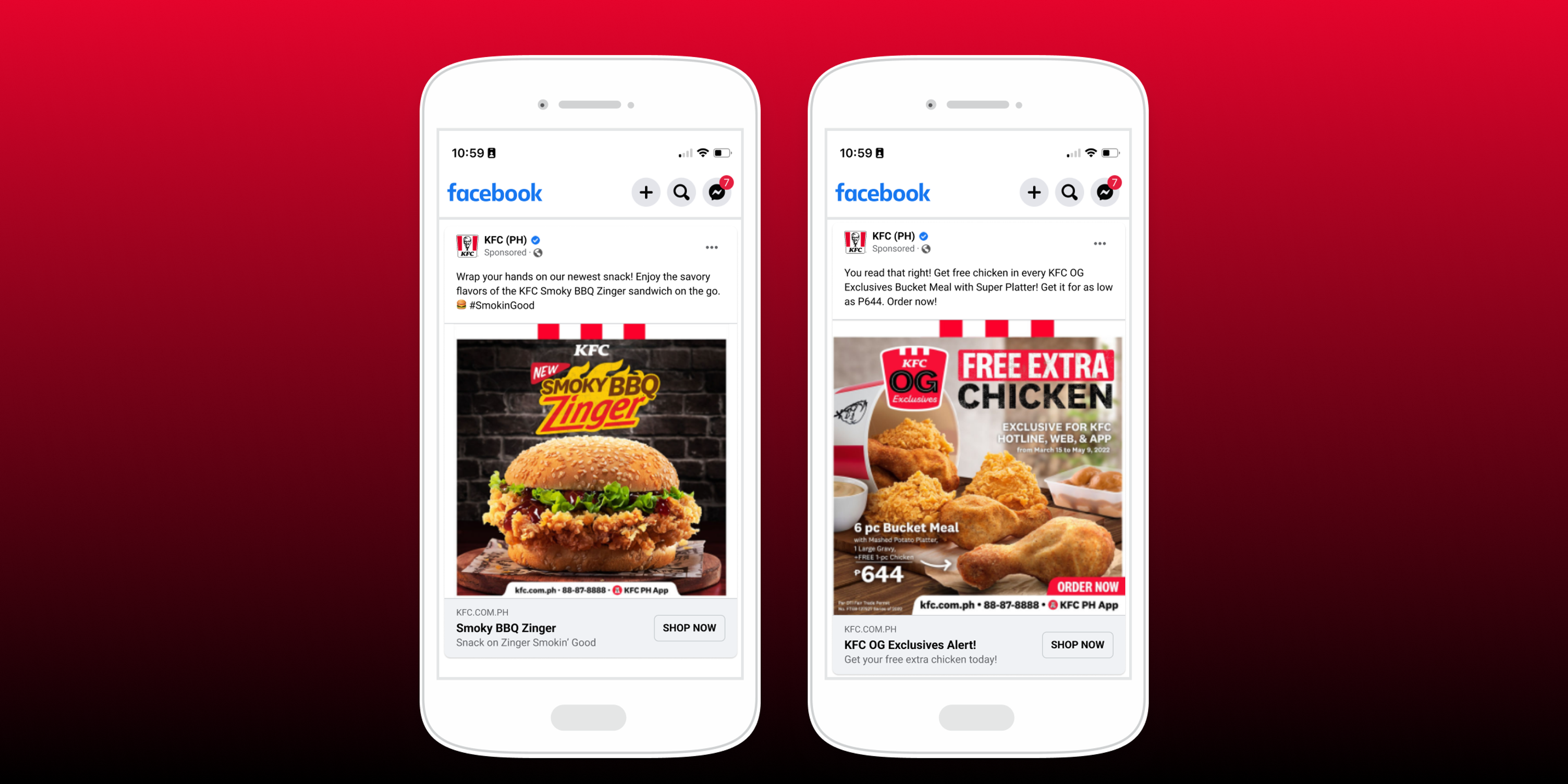 KFCのスモーキーBBQジンガーとエクストラチキンのプロモーション広告が表示されたスマートフォンの画面。