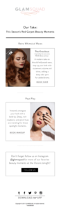 A promotional image featuring two beauty looks: one with glamorous red hair and another with bold makeup. Each look includes a brief description and a call to action to book services.