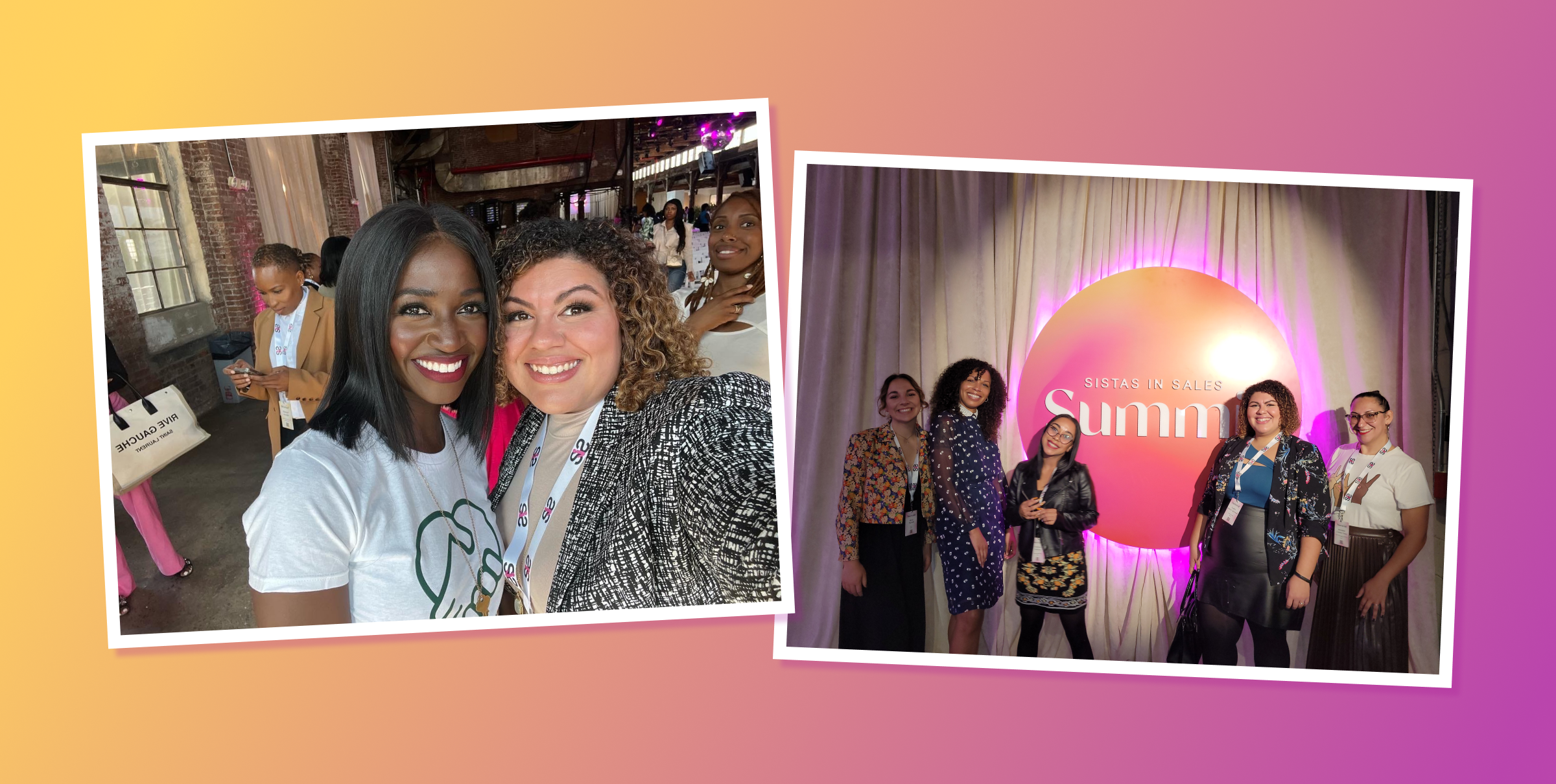 Two photos side by side: on the left, two women smile for a selfie at an event; on the right, a group of people poses in front of a colorful backdrop that reads "Summit.