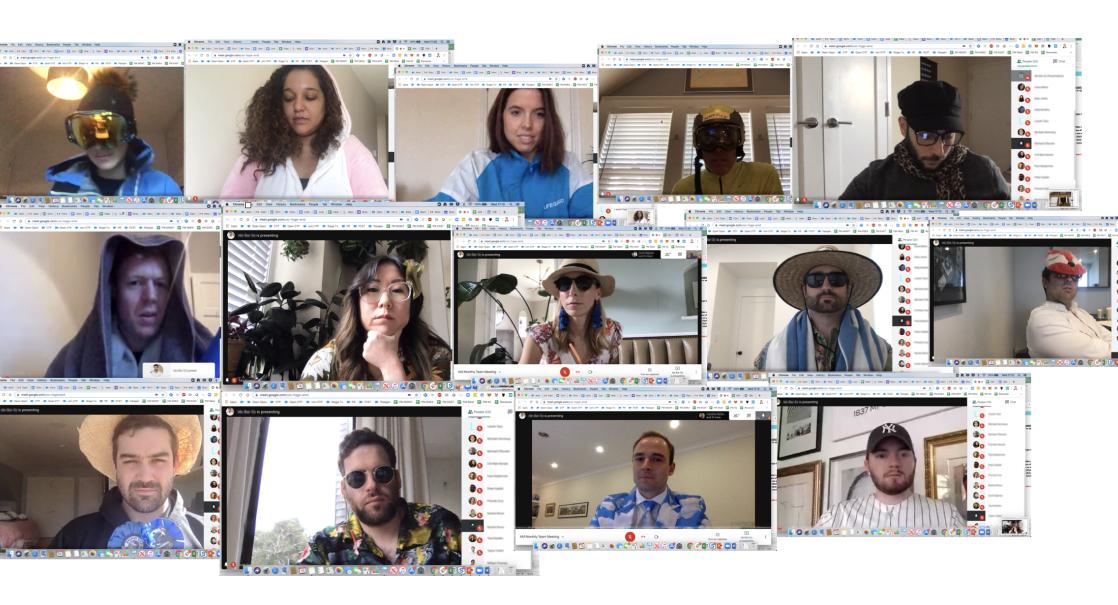 A collage of video conference screens showing various people in casual attire, some wearing hats and sunglasses, engaged in a virtual meeting. The backgrounds vary, including home settings and office spaces.