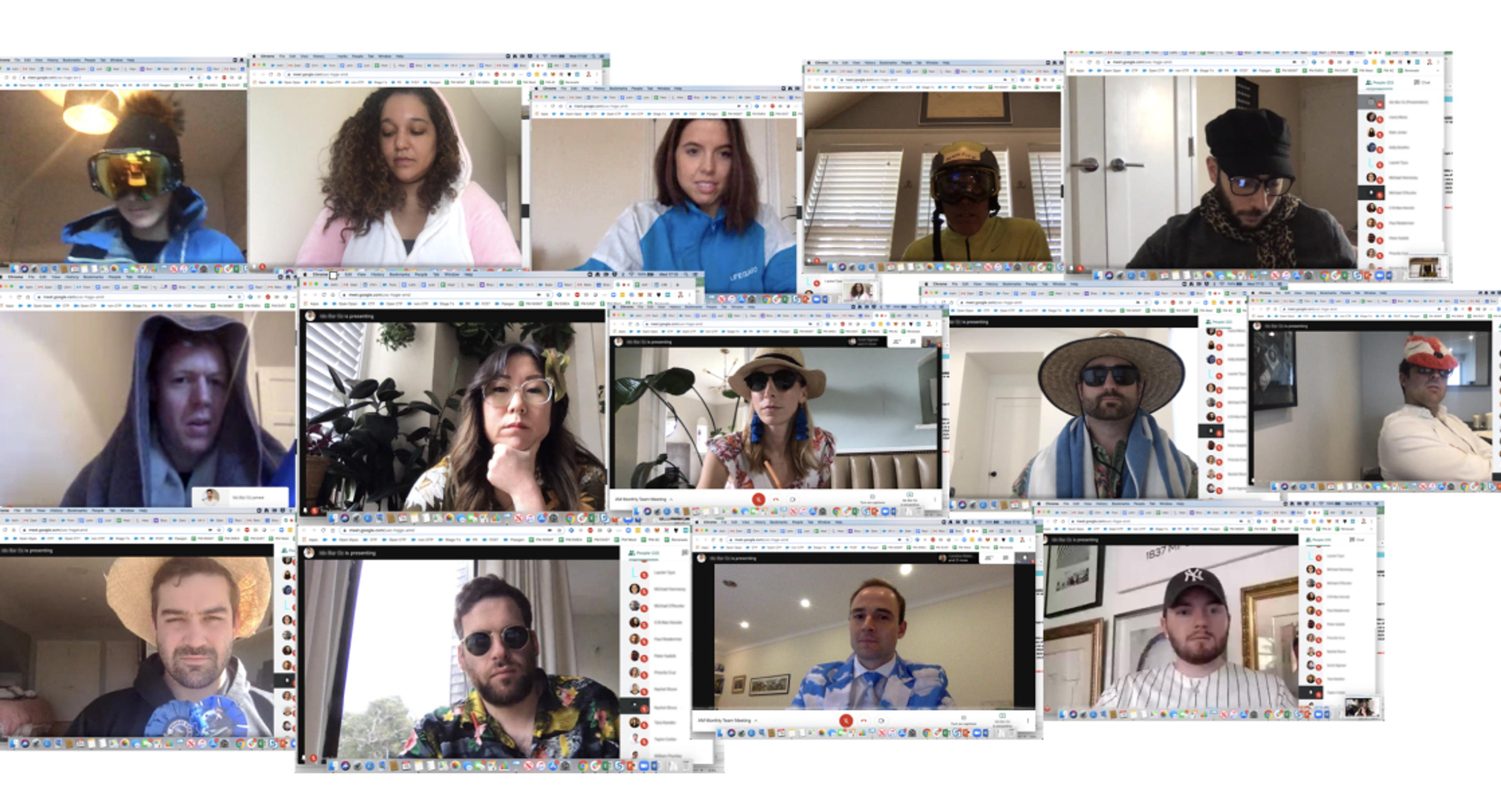 A collage of video conference screens showing various people in casual attire, some wearing hats and sunglasses, engaged in a virtual meeting. The backgrounds vary, including home settings and office spaces.