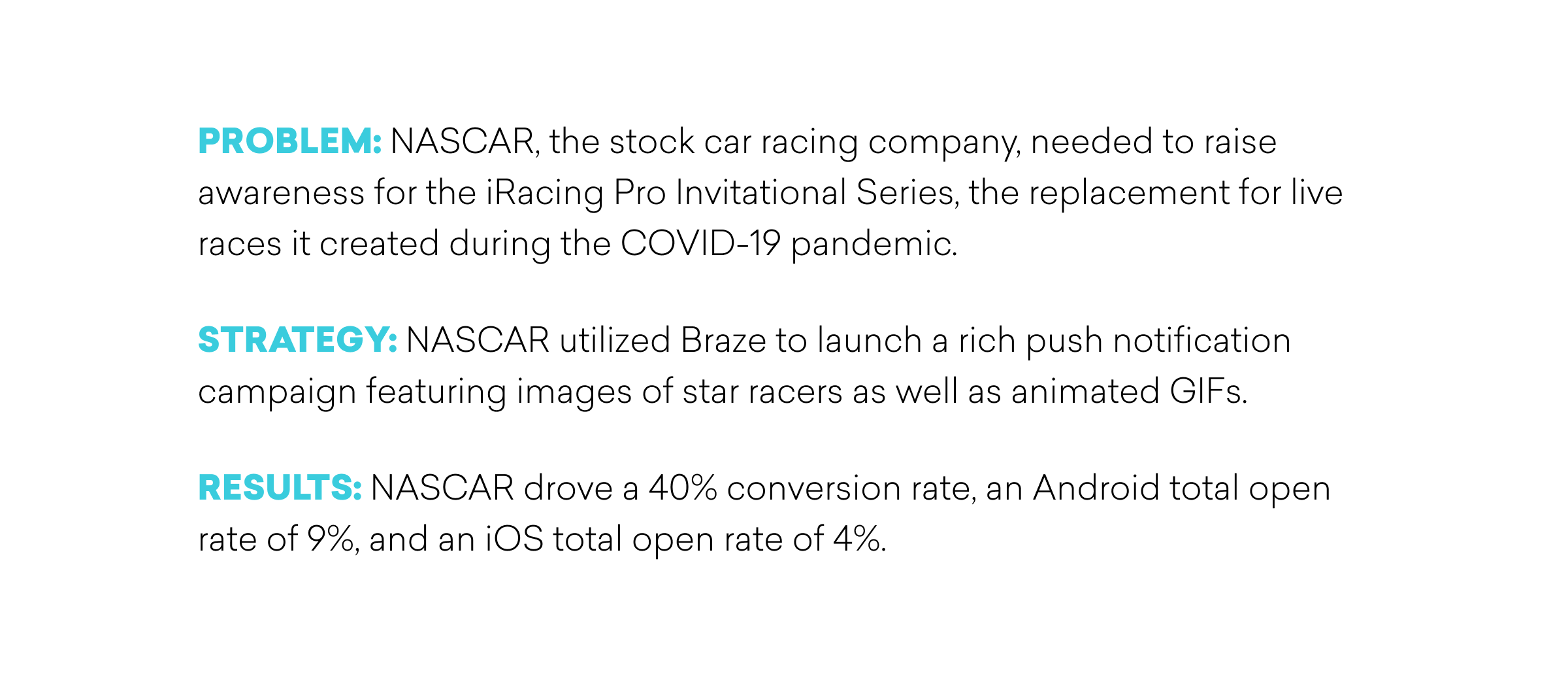 Text describing a marketing case study for NASCAR, outlining the problem, strategy, and results of a campaign to raise awareness for the iRacing Pro Invitational Series.