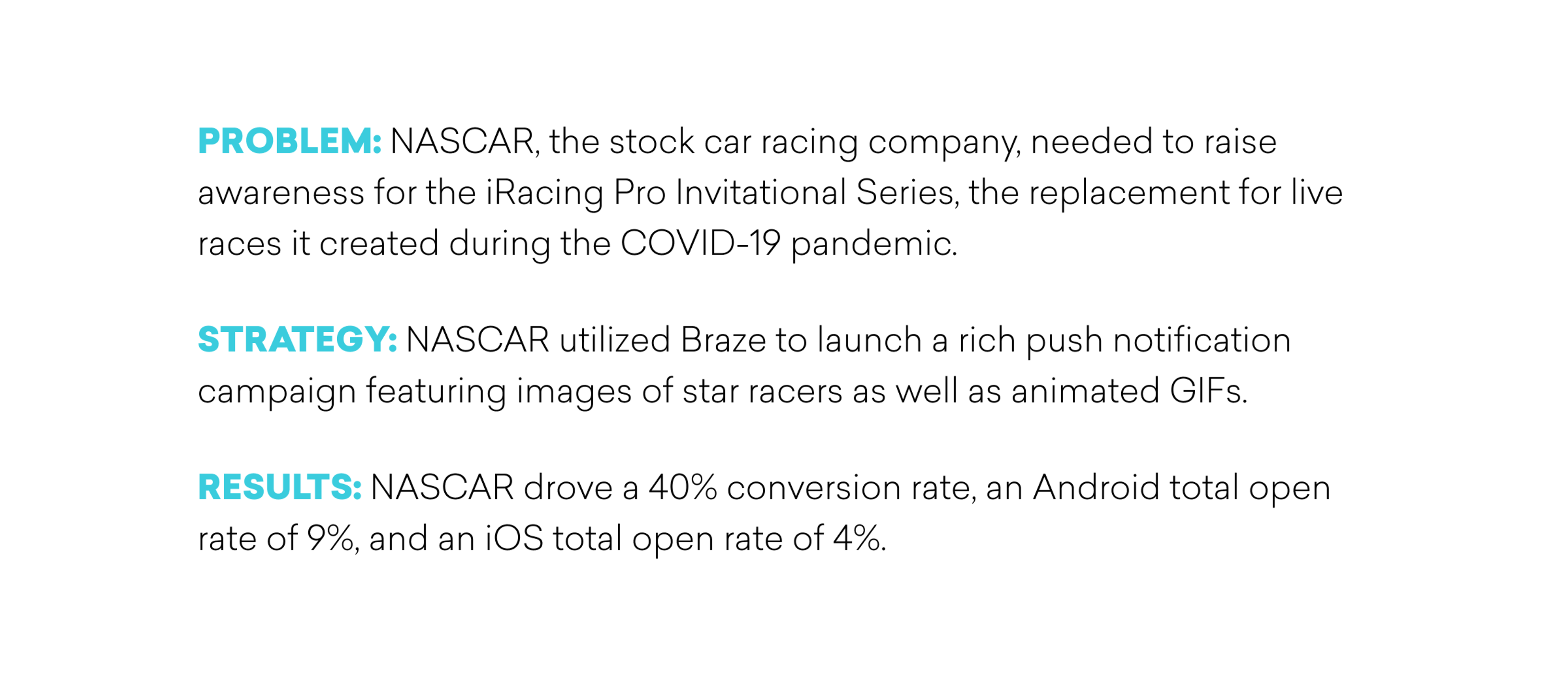 Text describing a marketing case study for NASCAR, outlining the problem, strategy, and results of a campaign to raise awareness for the iRacing Pro Invitational Series.