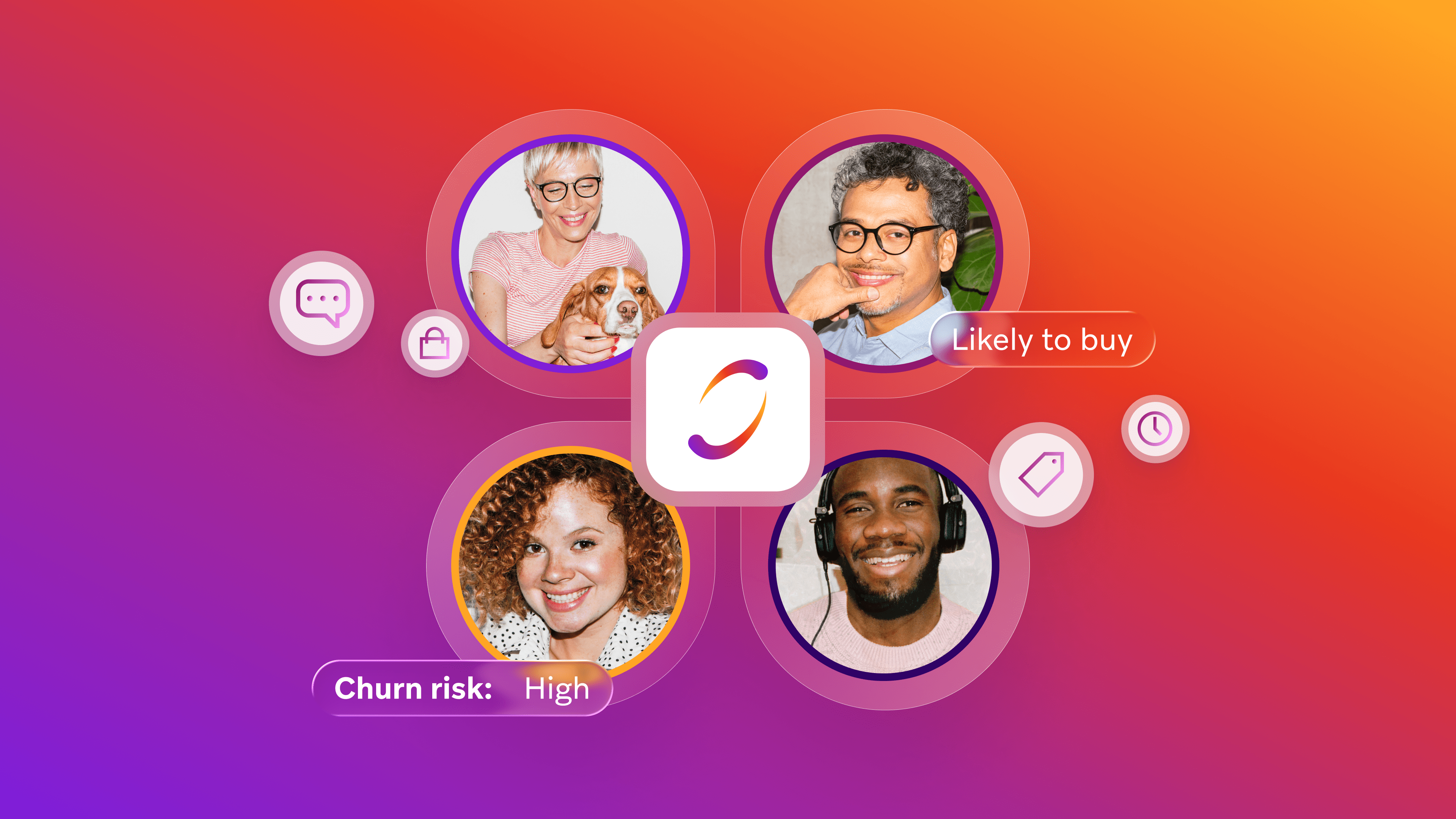 Four diverse customer profiles, with labels like "Churn risk: High" and "Likely to buy," surrounding a central app logo.