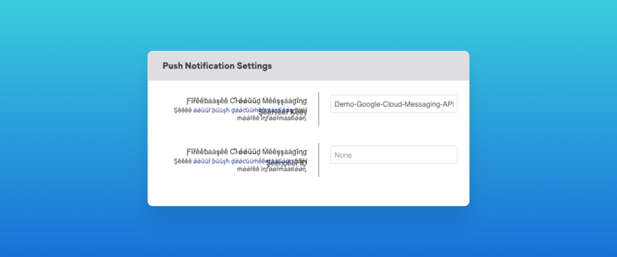 A settings interface for push notifications, featuring fields for API details and a dropdown menu. The background is a gradient of blue shades.