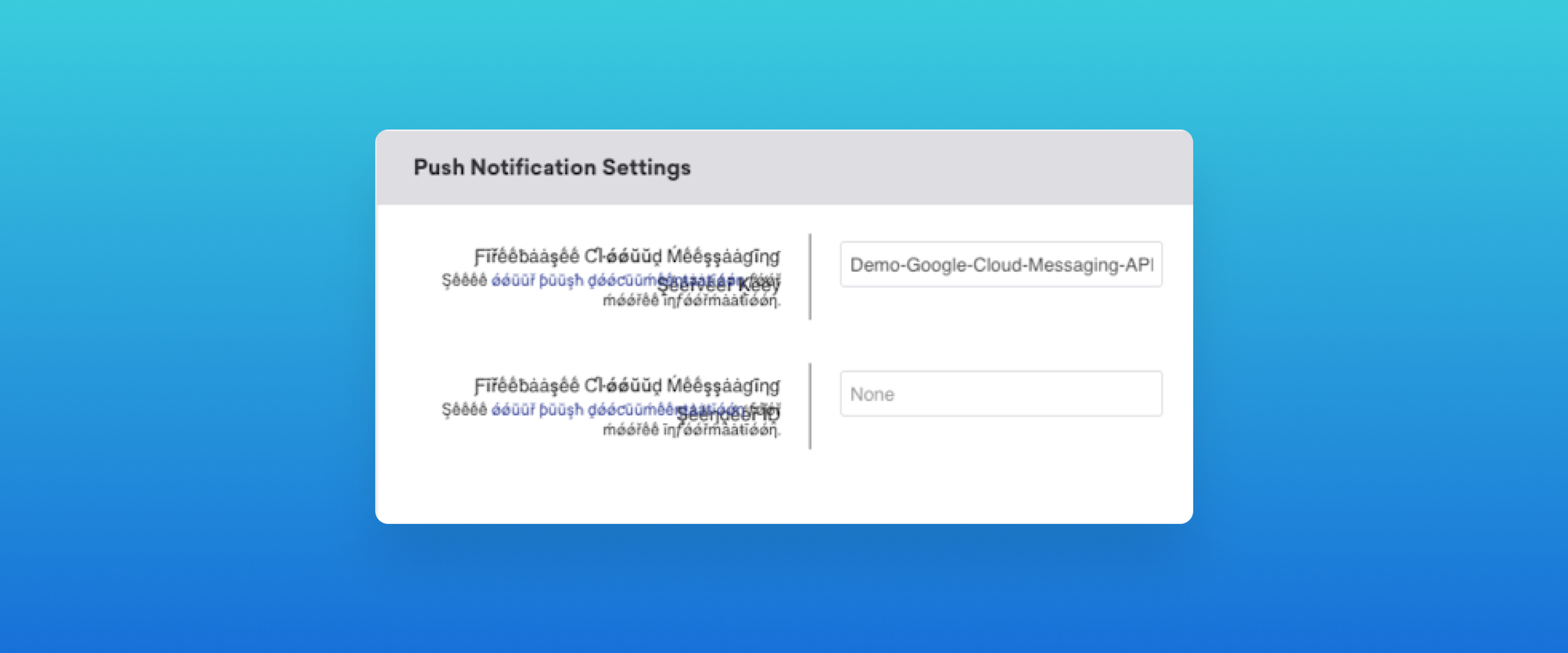 A settings interface for push notifications, featuring fields for API details and a dropdown menu. The background is a gradient of blue shades.