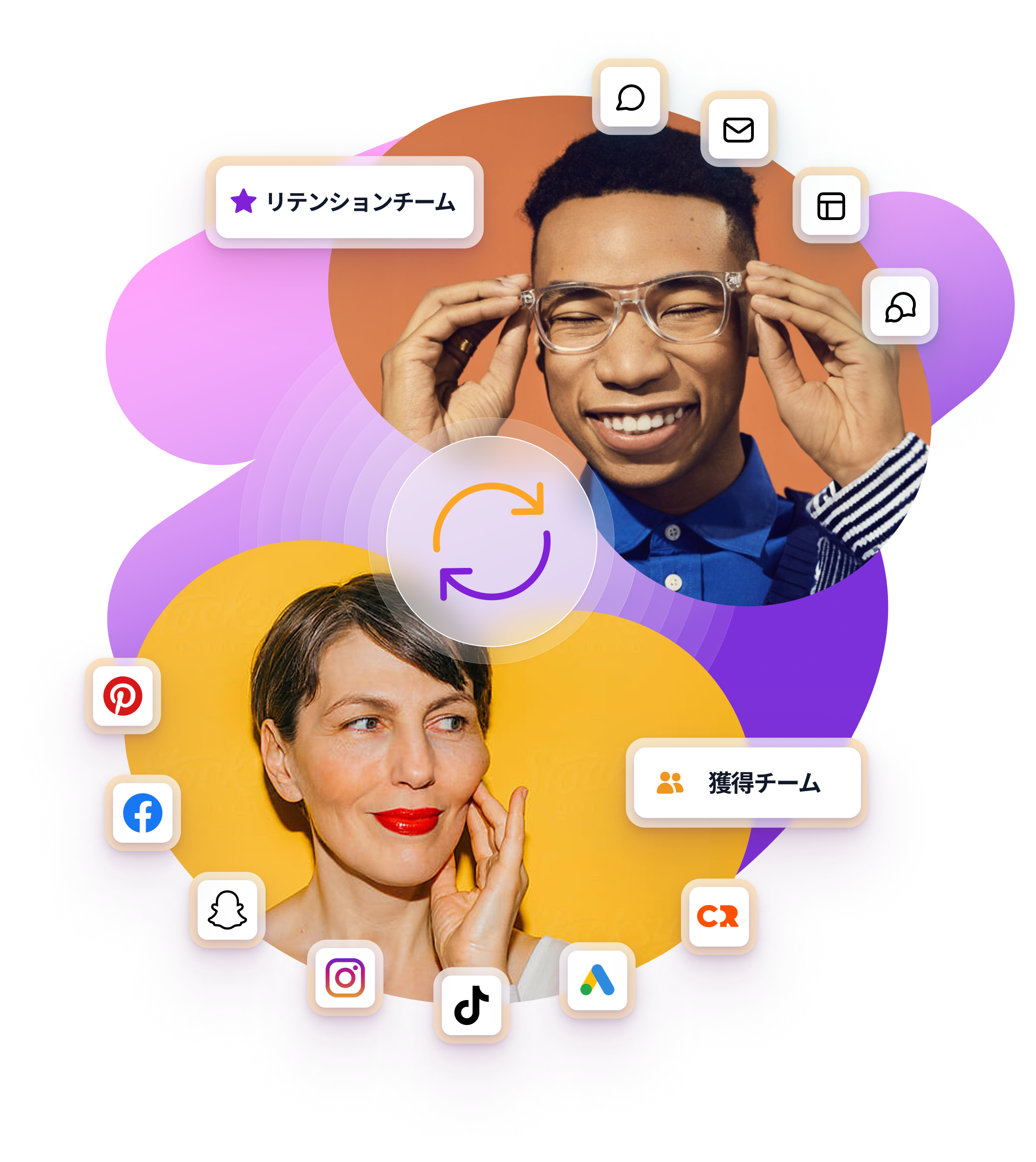 a man and a woman are surrounded by social media icons