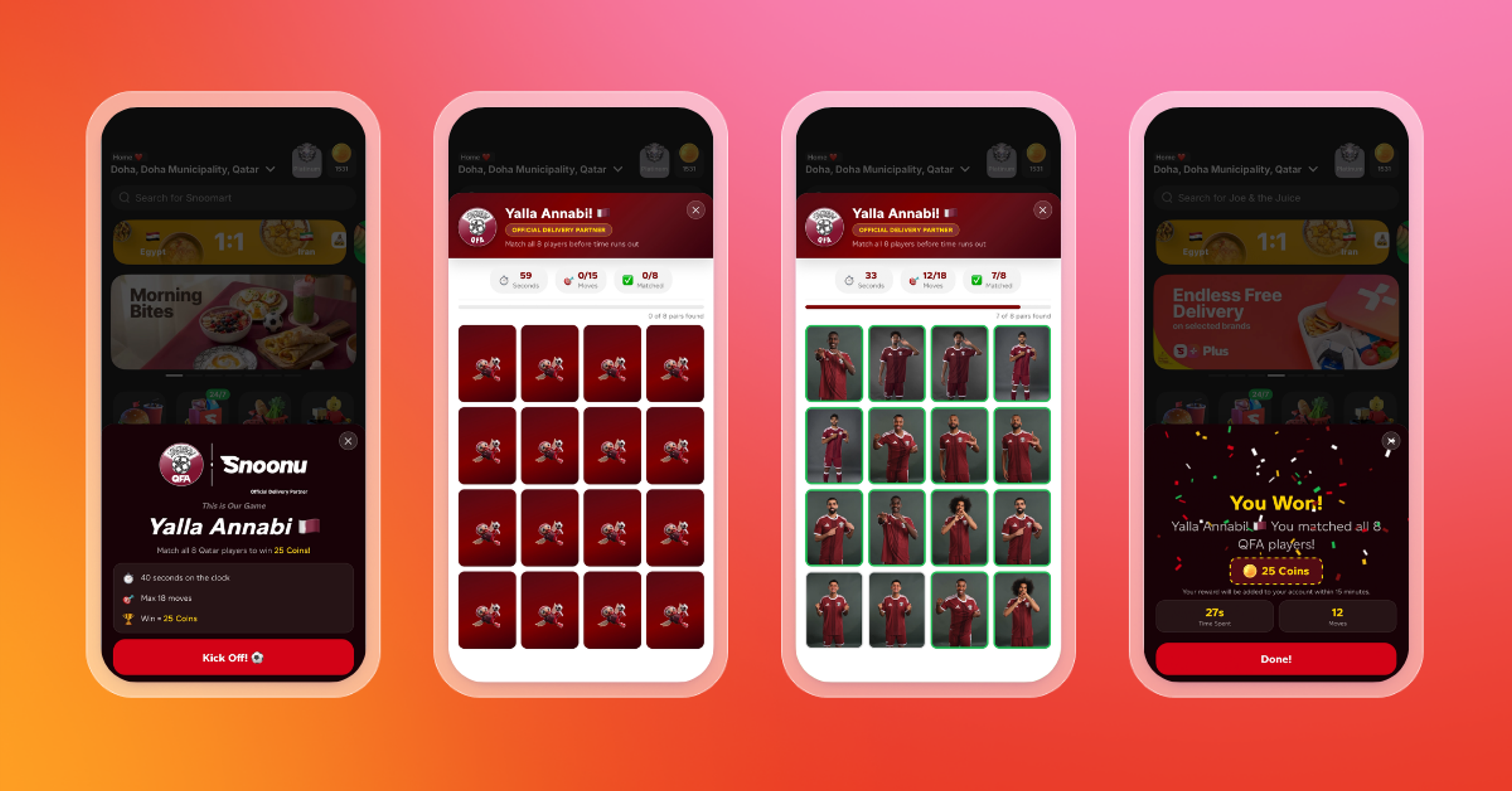 Four smartphone screens show the “Yalla Annabi!” Qatar football player-matching game, from kickoff through card matching to a 25-coin win.