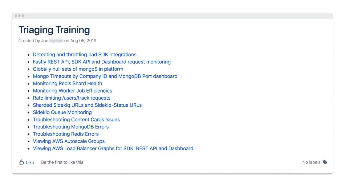 A list of topics related to triaging training, including SDK integrations, request monitoring, and troubleshooting various systems. The document was created on August 8, 2019.