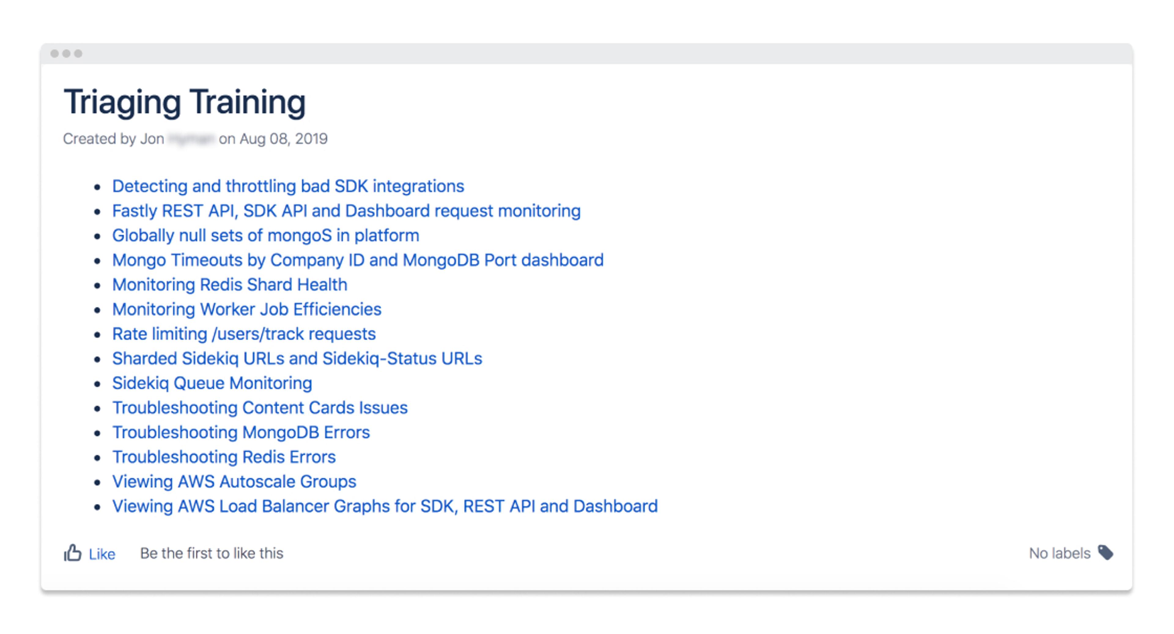 A list of topics related to triaging training, including SDK integrations, request monitoring, and troubleshooting various systems. The document was created on August 8, 2019.