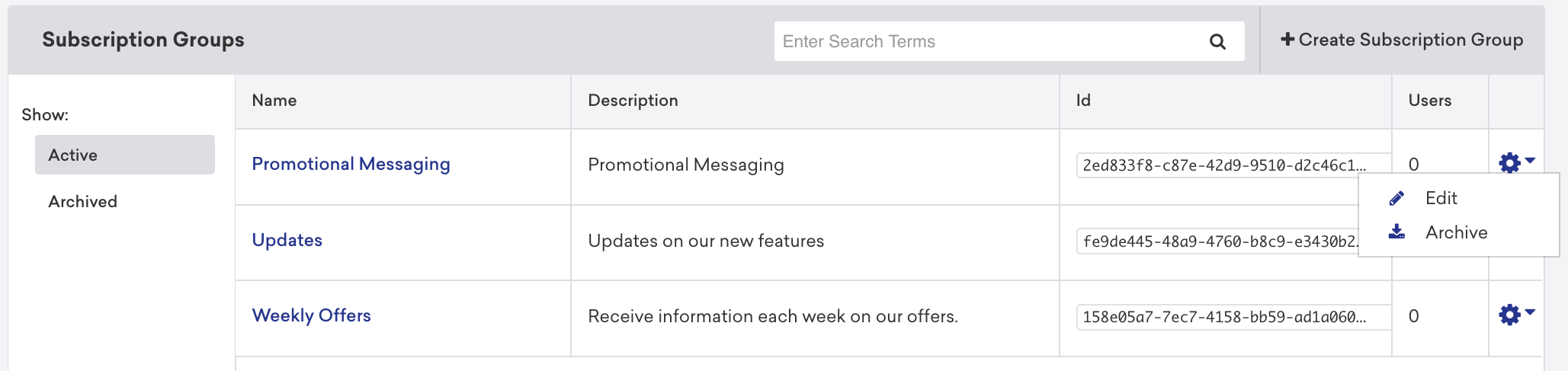 A table displaying subscription groups with columns for name, description, ID, and users. Options to edit or archive are available for each group.