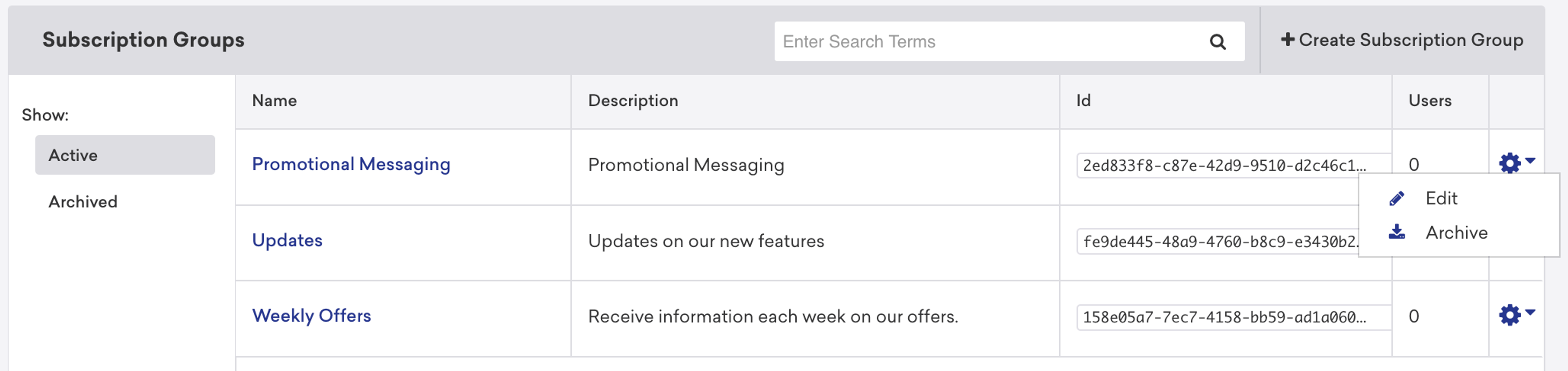 A table displaying subscription groups with columns for name, description, ID, and users. Options to edit or archive are available for each group.