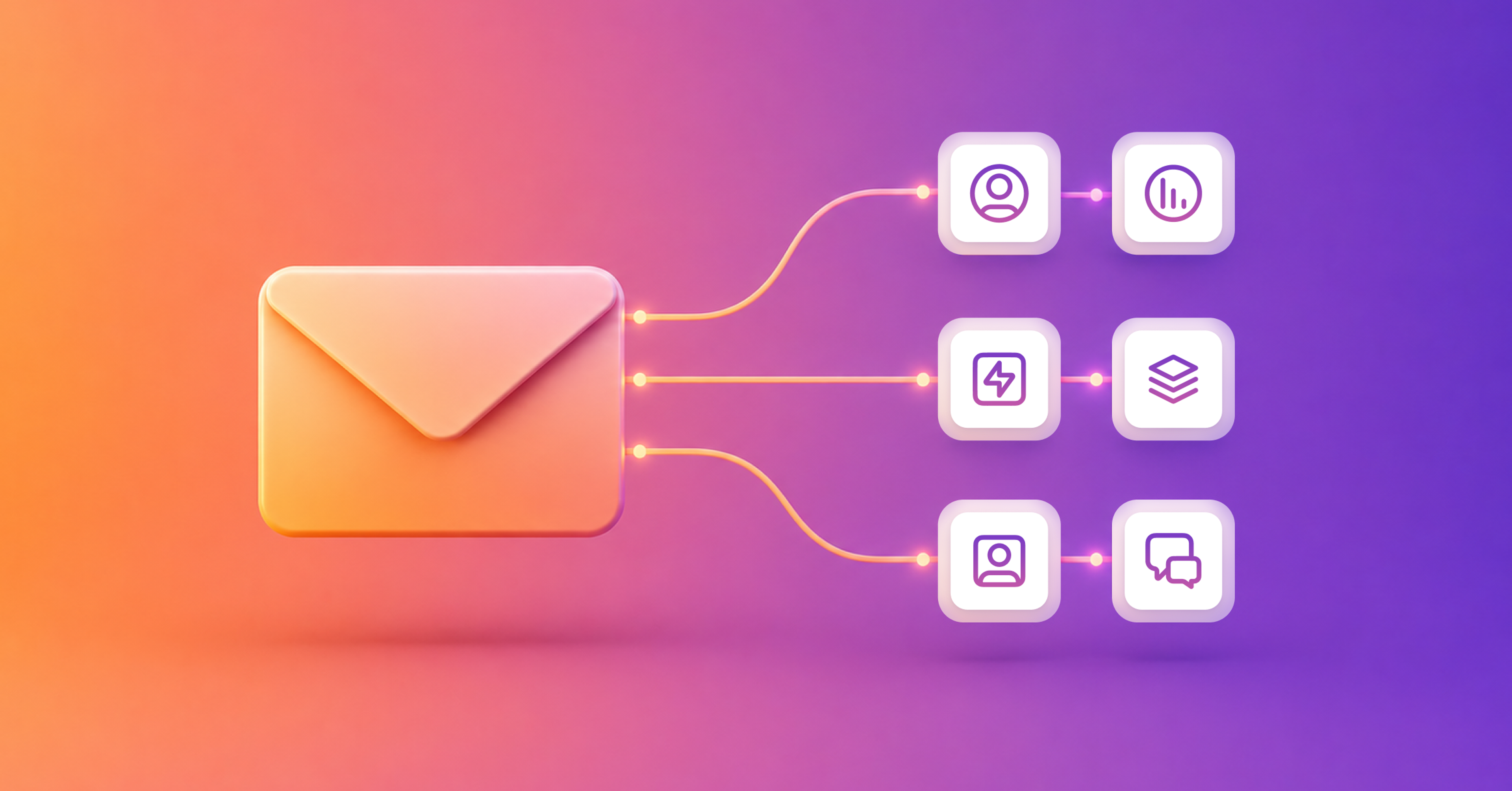 Illustration of a large email envelope icon connected by glowing lines to six smaller icons representing users, analytics, power, layers, and chat on a pink-to-purple gradient background.