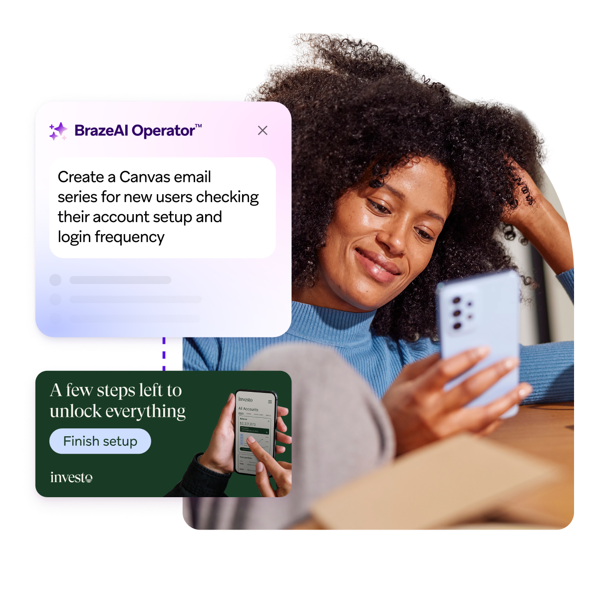 A woman looks at her smartphone beside a BrazeAI Operator prompt to create an onboarding email series and a sample “Finish setup” message.
