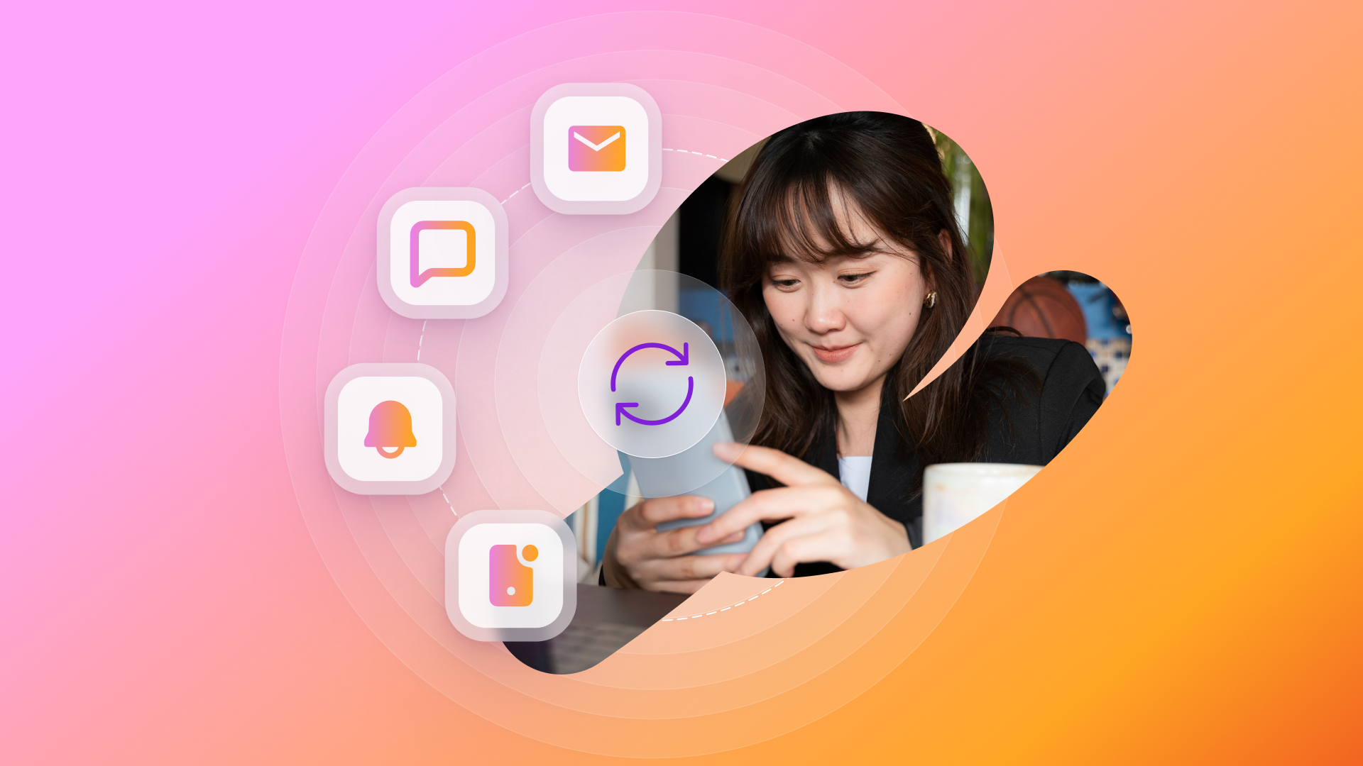a woman is looking at her phone with a refresh icon on it