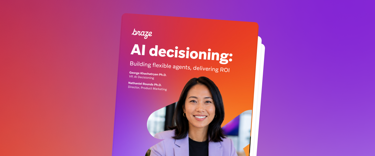 Promotional graphic for a Braze resource titled “AI decisioning: Building flexible agents, delivering ROI,” featuring a smiling professional woman in front of a colorful gradient background.