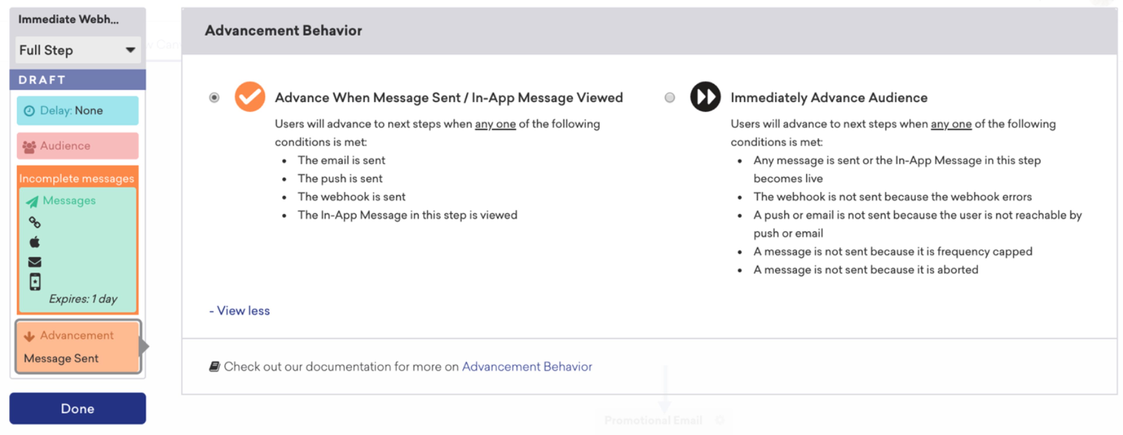 A screenshot of a user interface displaying options for "Advancement Behavior" related to messaging conditions. It includes sections for "Immediate Webhook," "Full Stop," and "Advance When Message Sent/ In-App Message Viewed.