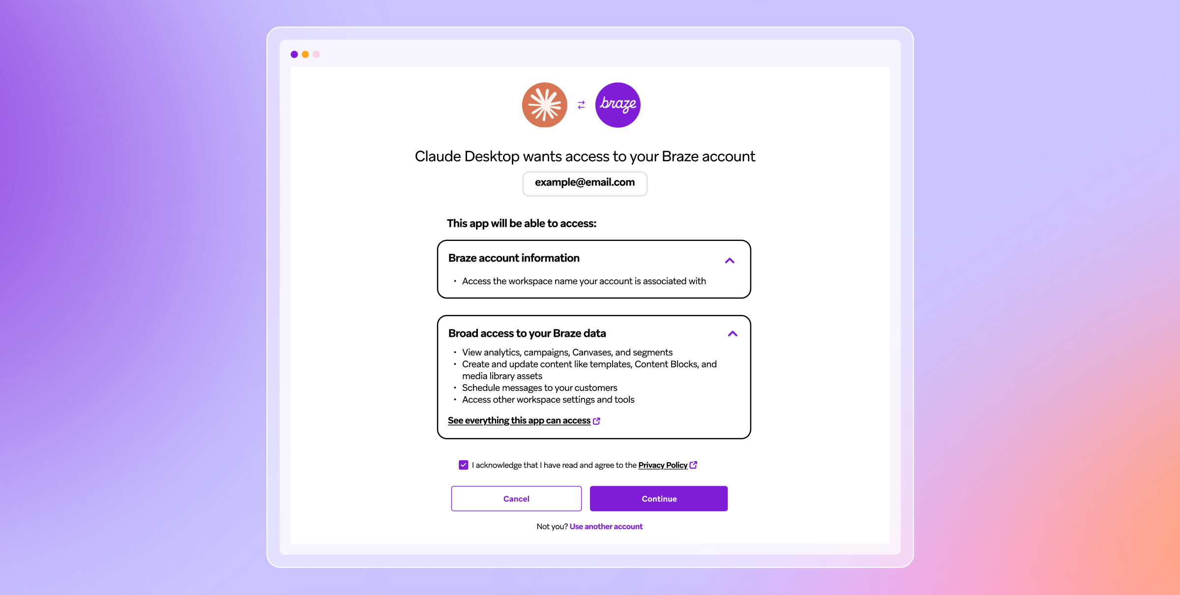 Authorization screen showing Claude Desktop requesting access to a Braze account, listing permissions for account information and broad Braze data, with Cancel and Continue buttons at the bottom.