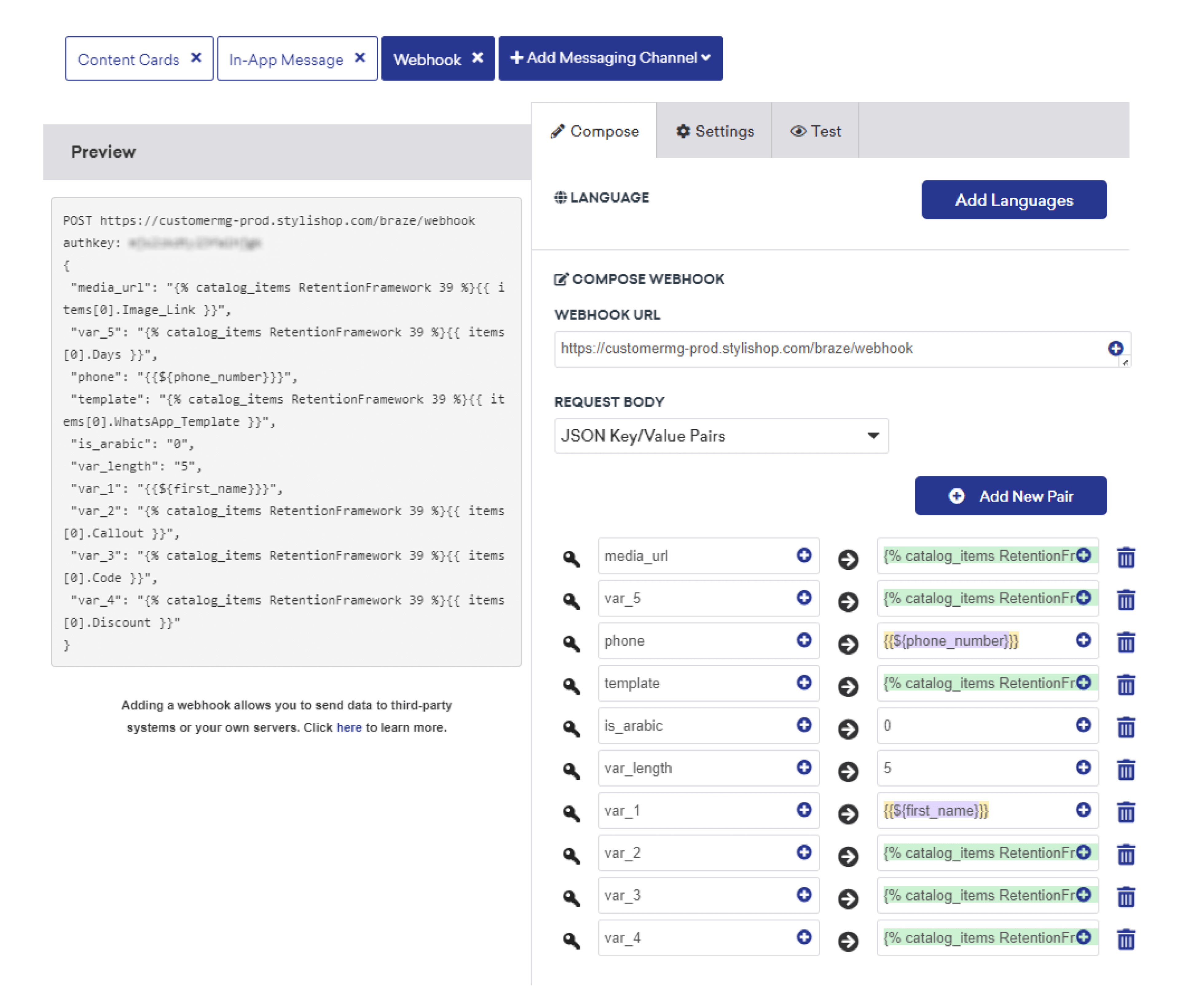 A screenshot of a web interface displaying webhook settings, including fields for language selection, request body, and key/value pairs. The layout features options for adding languages and composing messages.