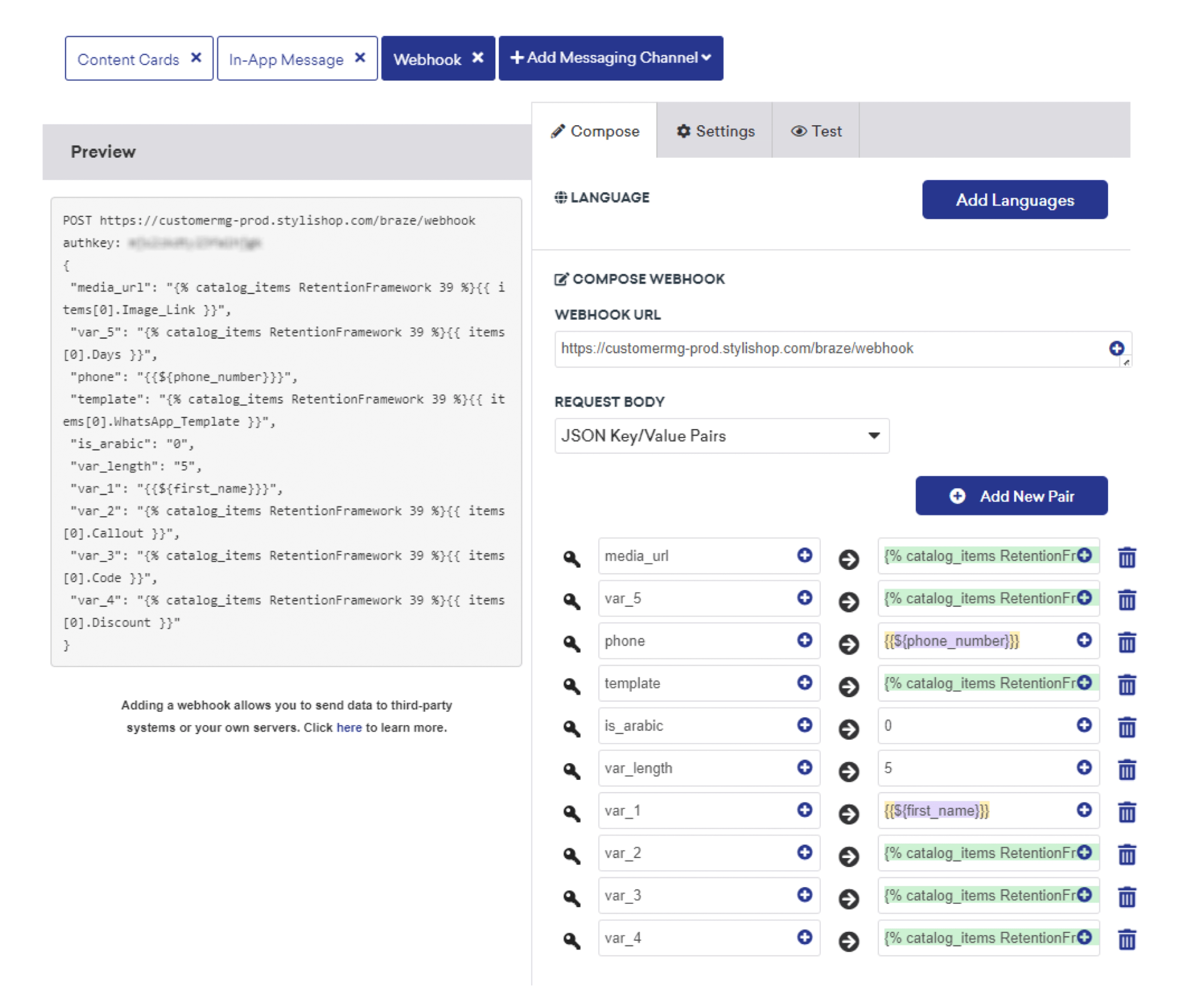 A screenshot of a web interface displaying webhook settings, including fields for language selection, request body, and key/value pairs. The layout features options for adding languages and composing messages.