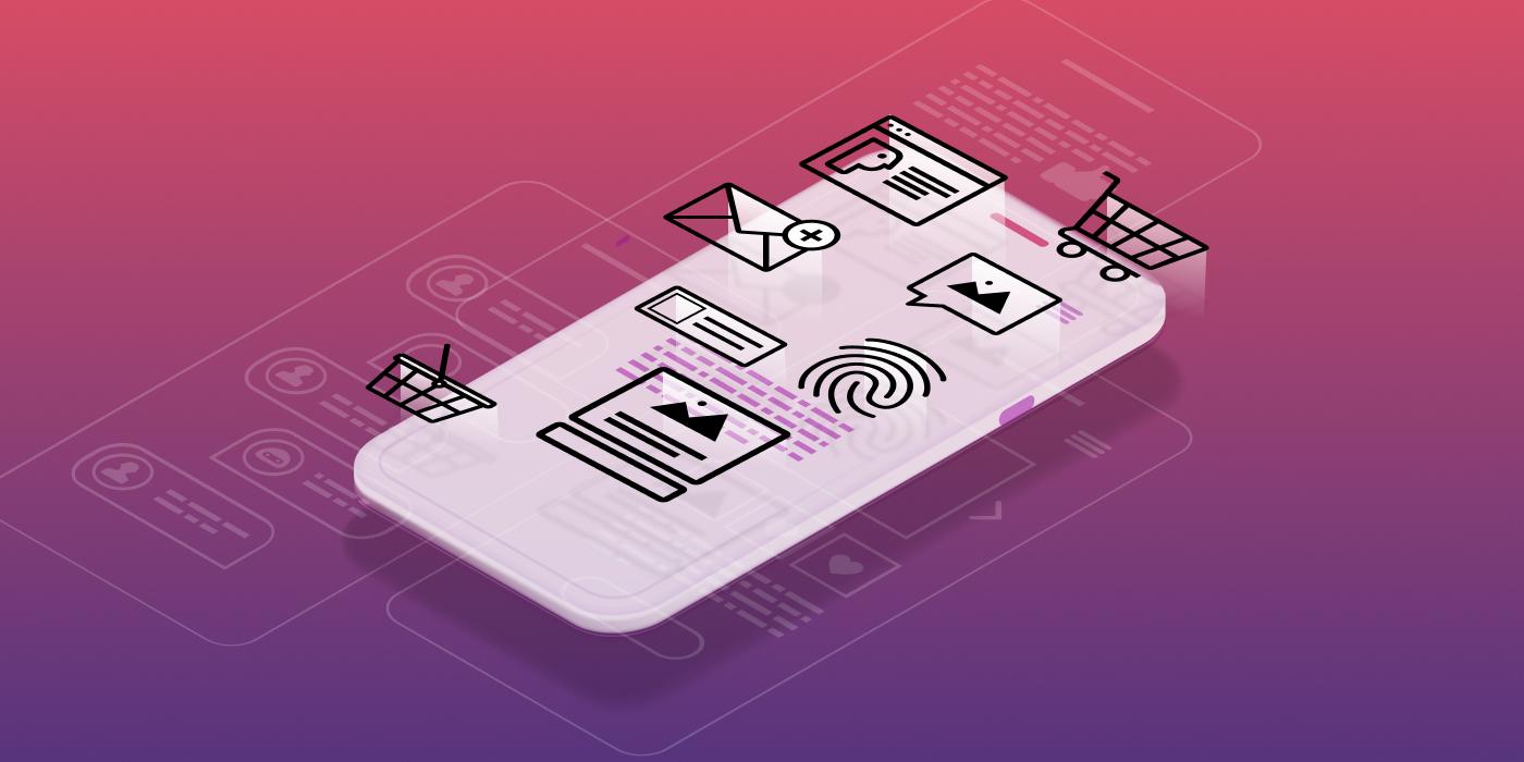A smartphone displaying various app icons, including messaging, shopping, and image sharing, set against a gradient background.