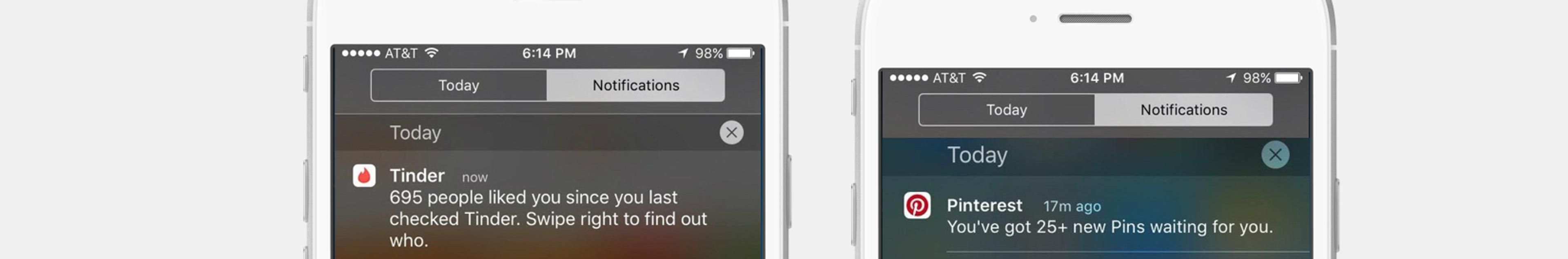 Two smartphone screens displaying notifications. One shows a Tinder notification about likes, and the other shows a Pinterest notification about new pins.