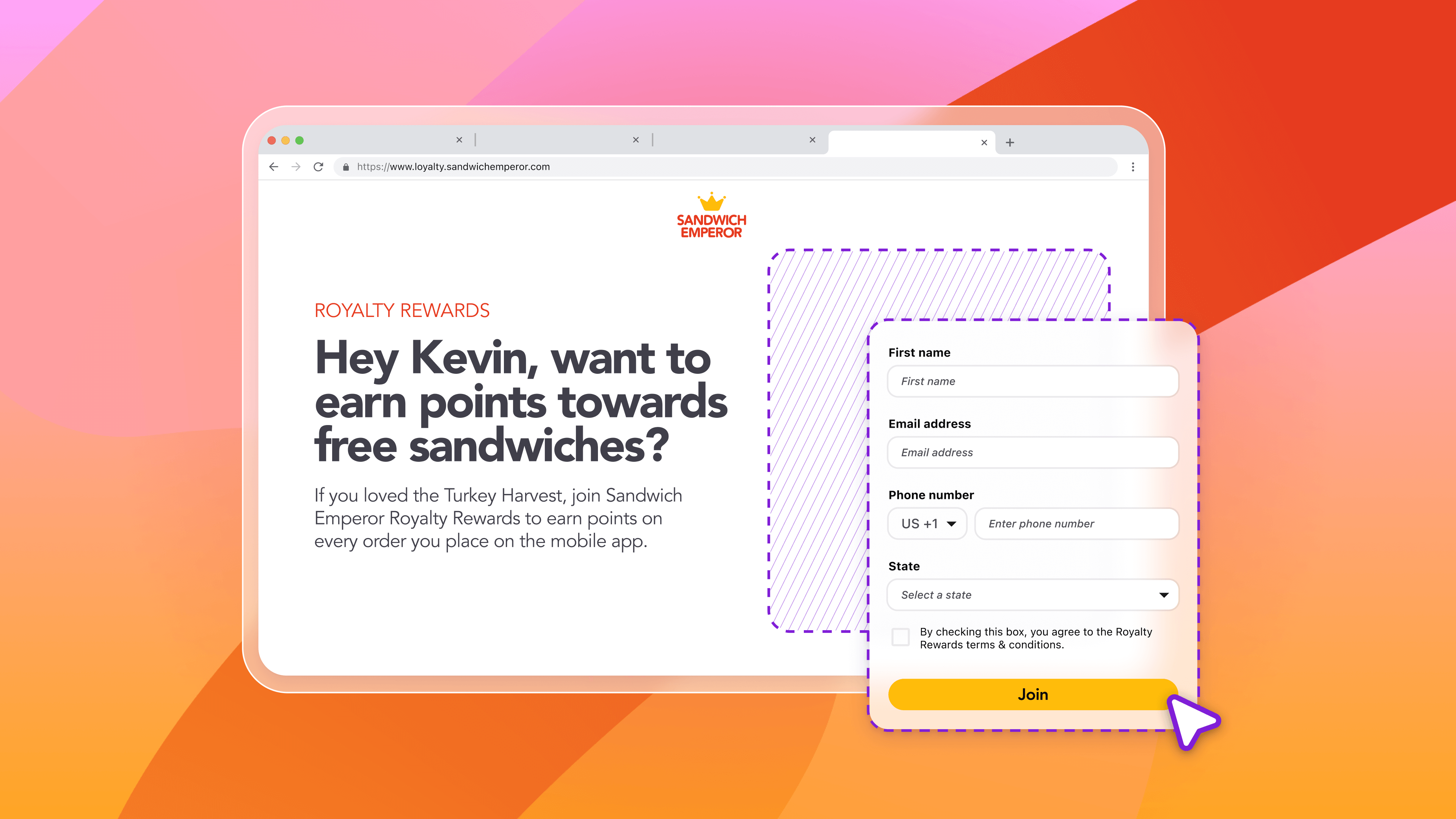A Sandwich Emperor loyalty rewards webpage shows a personalized offer to earn points for free sandwiches and a signup form.