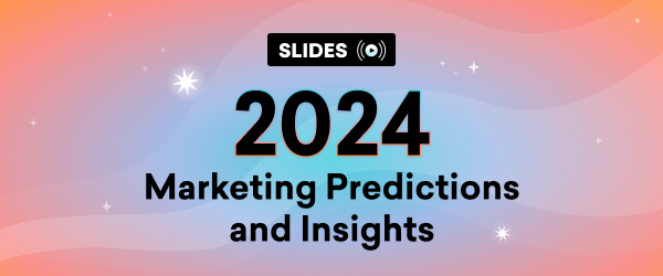 Title slide for a presentation featuring "2024 Marketing Predictions and Insights" against a colorful gradient background.