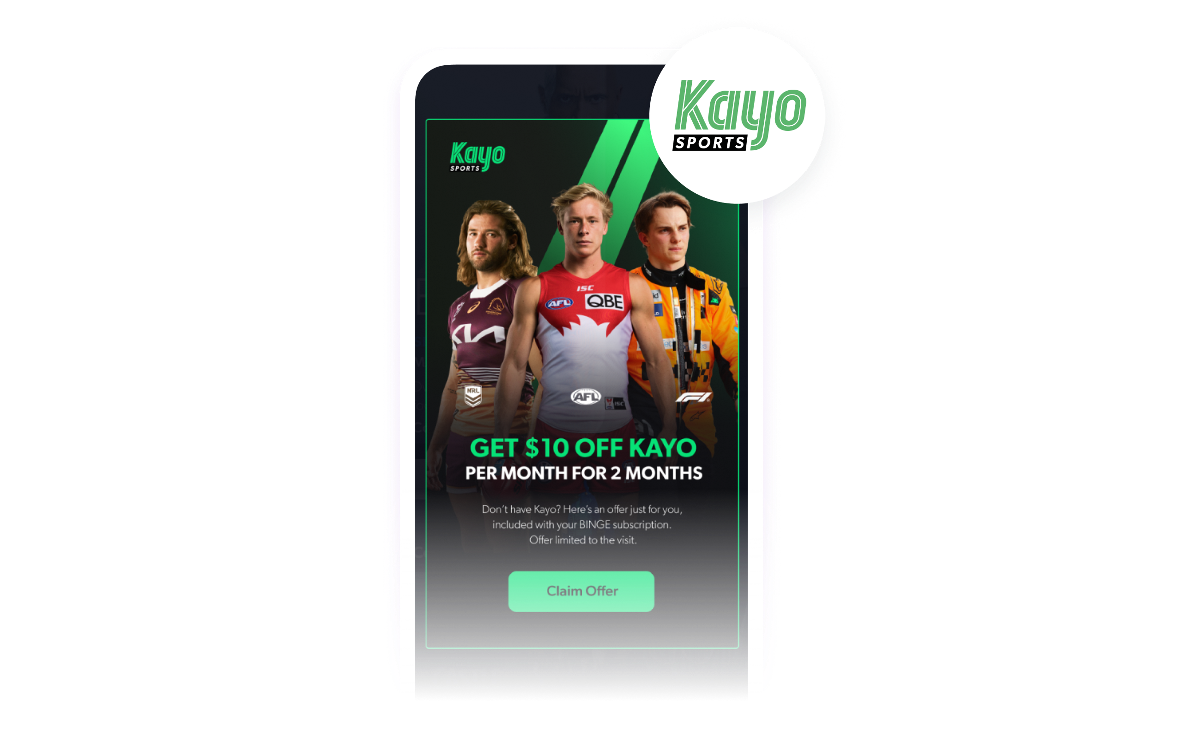 an advertisement for kayo sports that says get $10 off per month for 2 months