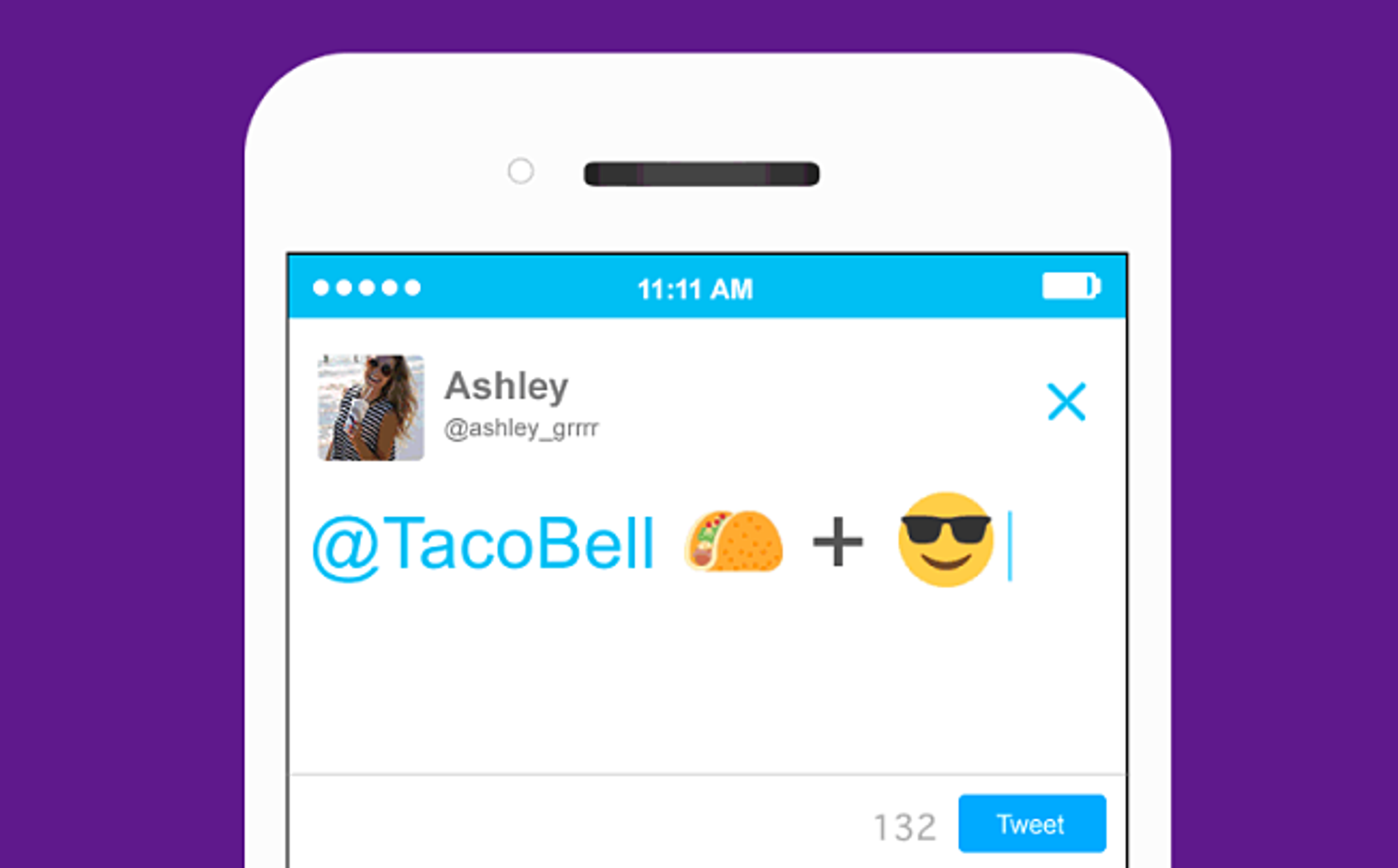 A smartphone screen displaying a tweet from a user named Ashley, mentioning Taco Bell with a taco emoji and a smiling face with sunglasses emoji. The background is purple.