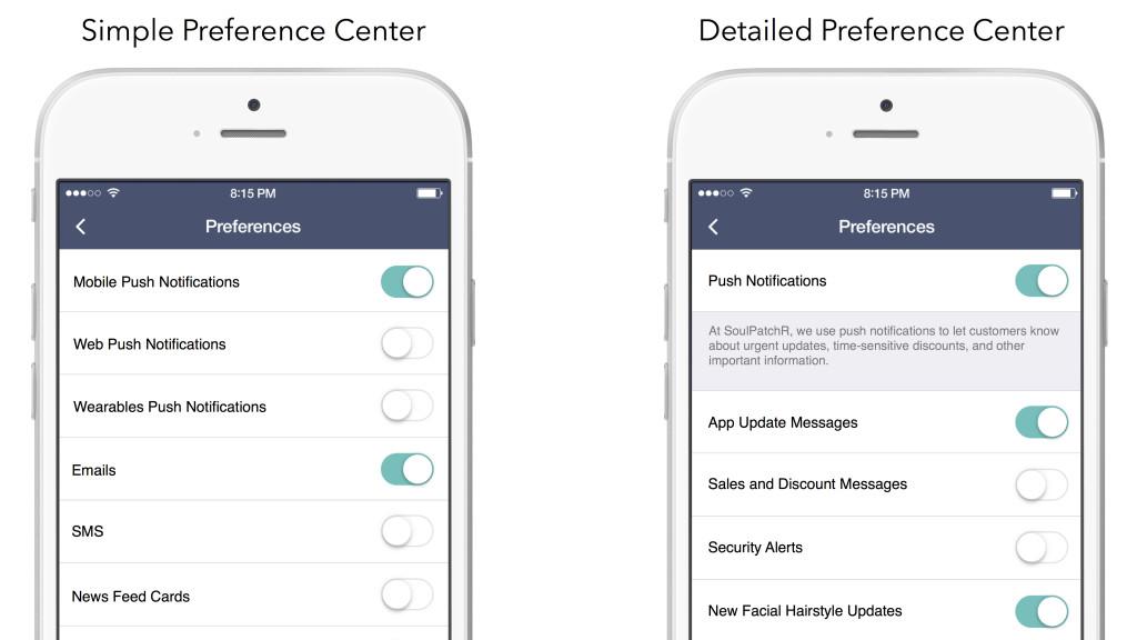 A smartphone screen displaying two different preference center layouts: a simple version on the left and a detailed version on the right, showing various notification options.