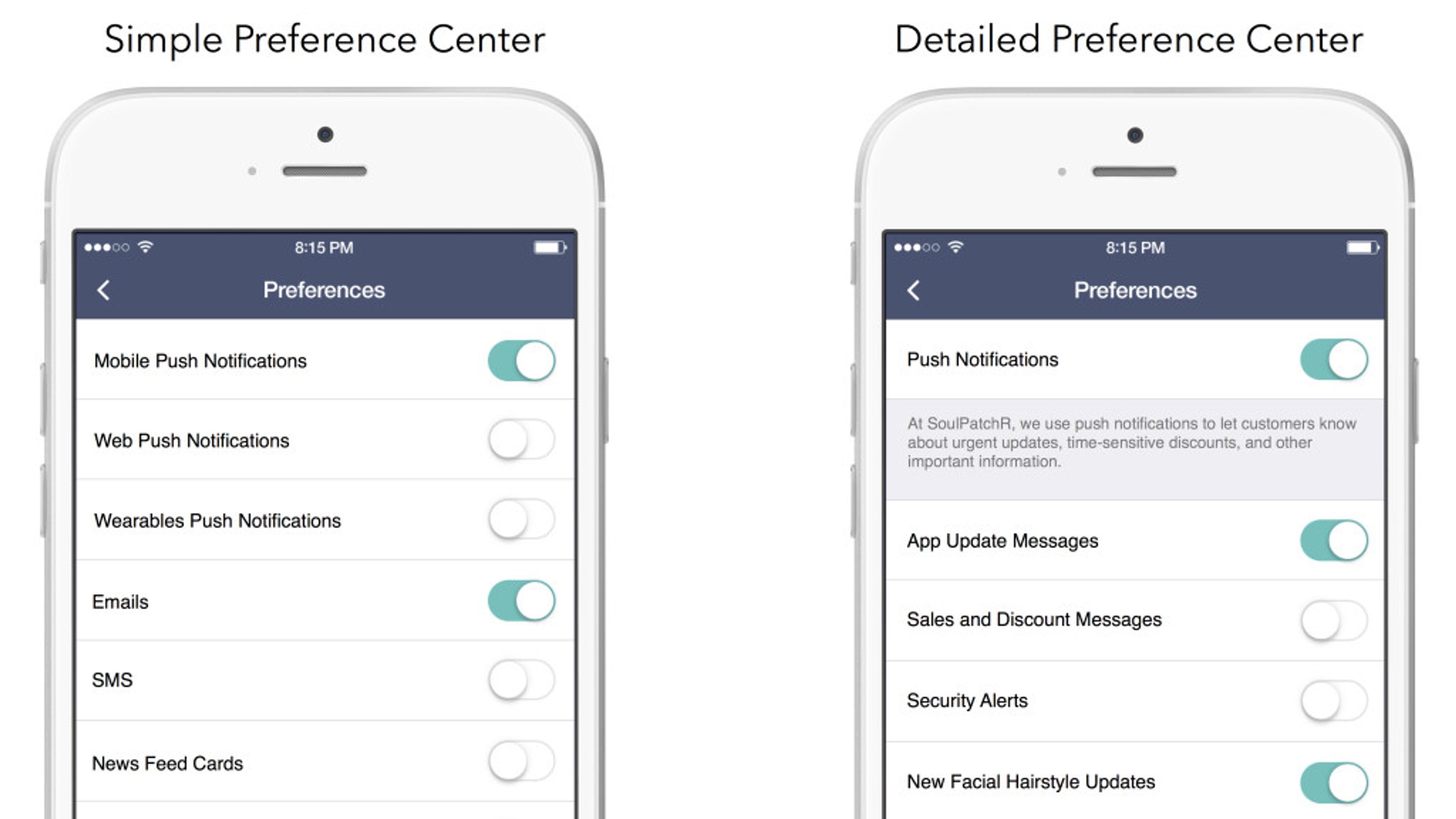 A smartphone screen displaying two different preference center layouts: a simple version on the left and a detailed version on the right, showing various notification options.